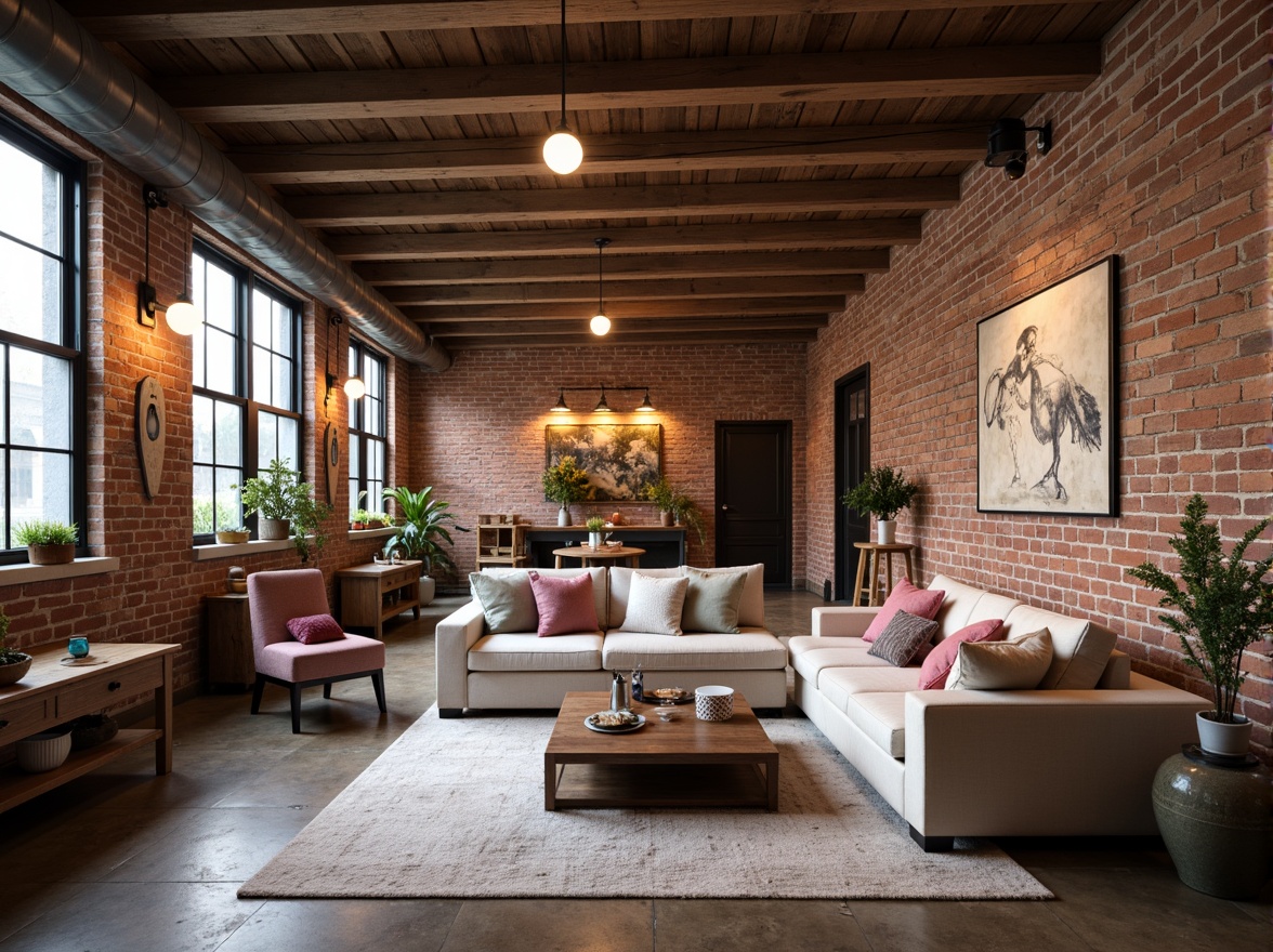 Prompt: Warm industrial loft, exposed brick walls, wooden beams, metal accents, soft warm lighting, cozy atmosphere, rich textiles, plush furnishings, vintage decorative items, distressed finishes, earthy tone color scheme, muted pastels, blush pinks, mauve, sage greens, creamy whites, warm beiges, rustic wood tones, natural stone floors, industrial chic decor, romantic ambiance, intimate setting, soft focus, shallow depth of field, 1/1 composition, realistic textures, ambient occlusion.