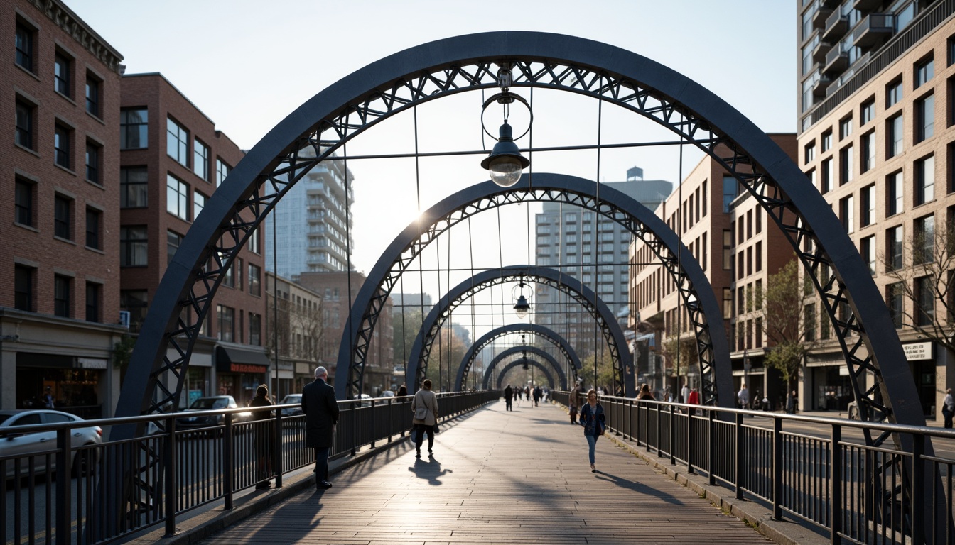 Prompt: Curved pedestrian bridge, steel arches, suspension cables, wooden decking, metal railings, lantern-style lighting, urban cityscape, busy streets, morning commute, soft natural light, shallow depth of field, 1/2 composition, symmetrical view, realistic reflections, ambient occlusion.