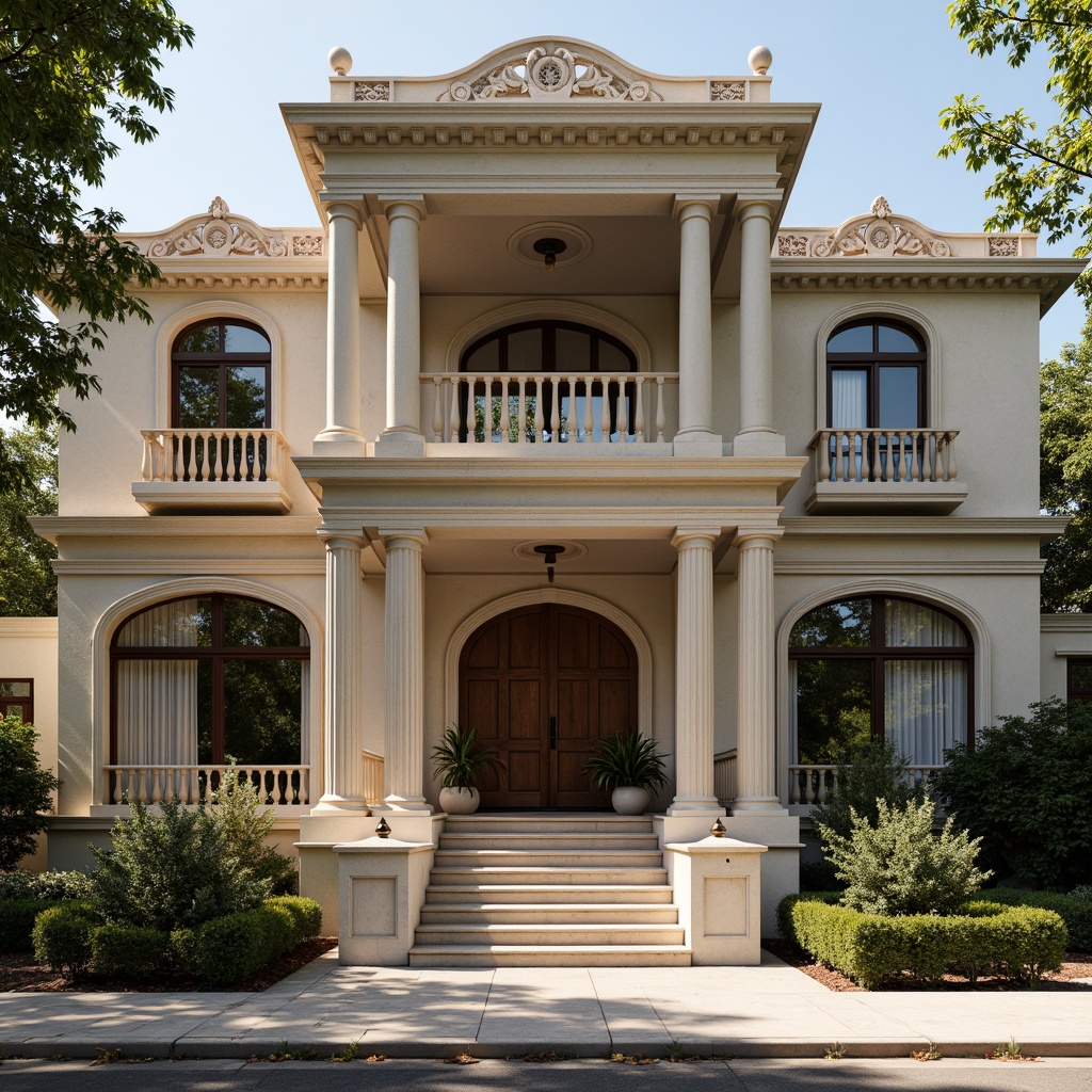 Prompt: Elegant classicism house facade, ornate columns, symmetrical composition, grand entrance, carved wooden doors, decorative pediments, rustic stone walls, arched windows, ornamental balconies, intricate moldings, subtle color palette, soft natural lighting, shallow depth of field, 1/1 composition, realistic textures, ambient occlusion.