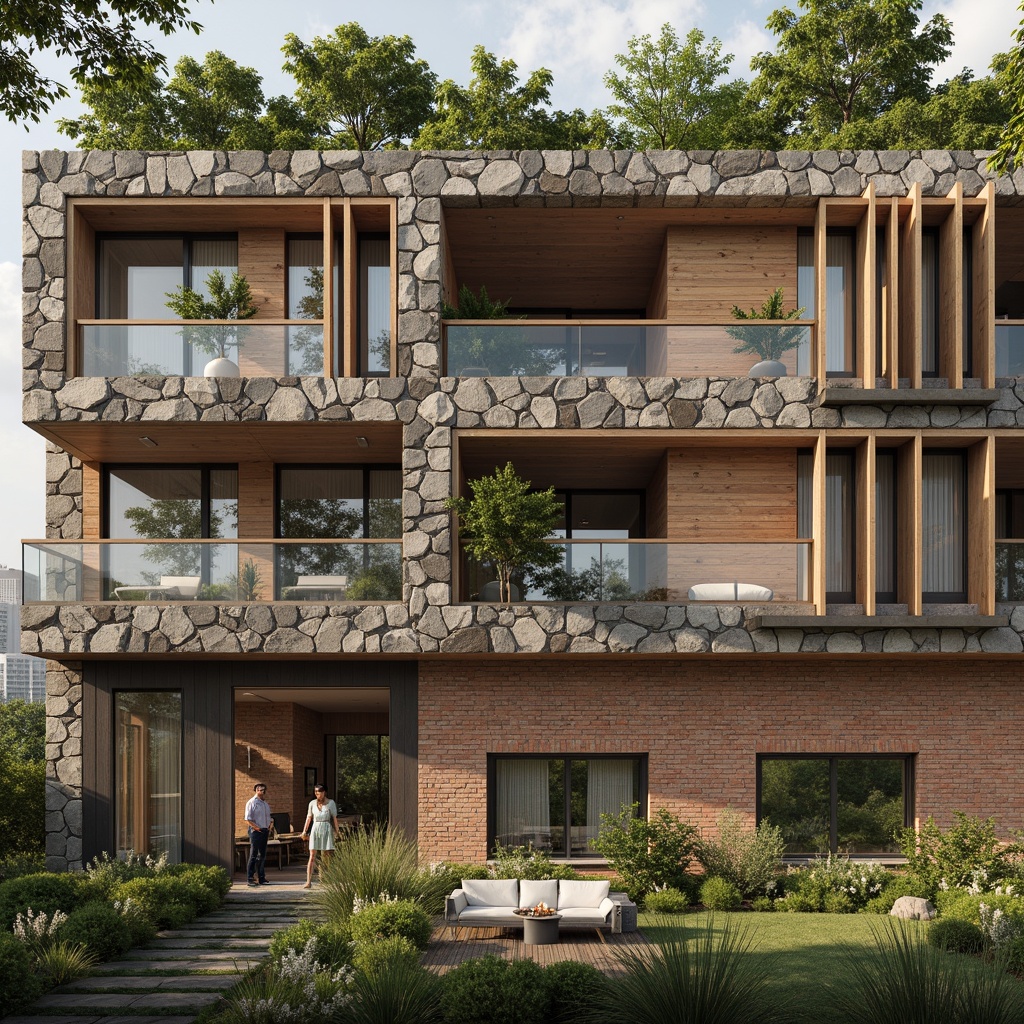 Prompt: Rough stone walls, rustic brick facades, wooden accents, natural wood grain, earthy tones, organic forms, irregular shapes, tactile experiences, 3D modeling, realistic renderings, ambient occlusion, soft warm lighting, shallow depth of field, 2/3 composition, modern architecture, sustainable design, eco-friendly materials, green roofs, living walls, urban landscapes, city skylines, industrial heritage, converted warehouses.