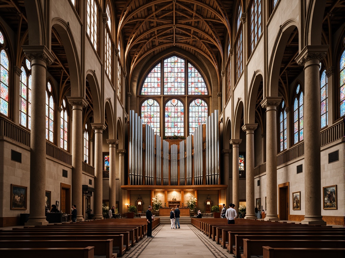 Prompt: Intricate stained glass windows, symmetrical arches, ornate vaulted ceilings, grandiose pipe organs, minimalist pews, sacred altars, geometric patterns, constructivist architecture, brutalist concrete structures, abstract sculptures, vibrant colorful mosaics, dramatic lighting effects, high contrast shadows, 1/1 composition, low-angle shot, warm golden hour lighting, realistic textures, ambient occlusion.