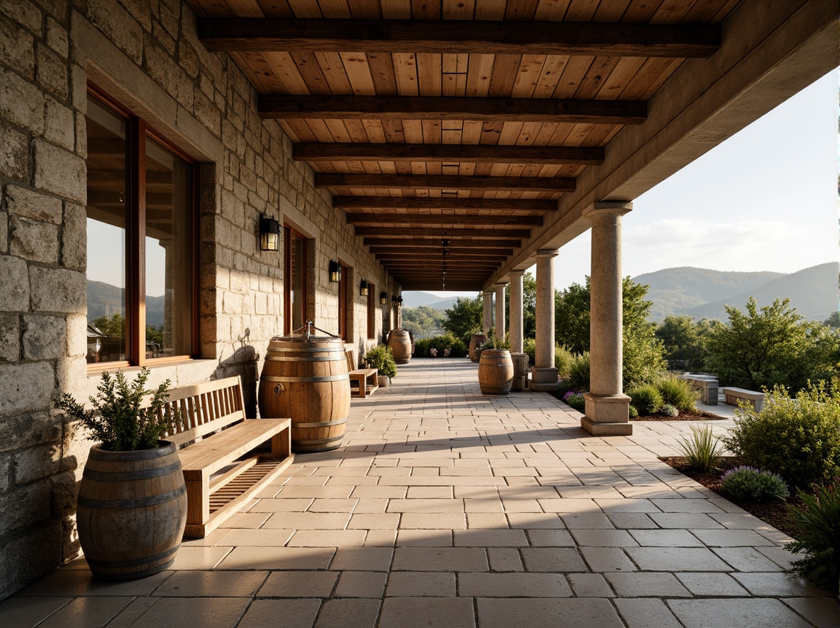 Prompt: Rustic winery facade, stone walls, wooden accents, vineyard surroundings, rolling hills, lush greenery, academic architectural style, classical columns, ornate details, earthy color palette, natural stone flooring, wooden barrels, wine-making equipment, large windows, glass doors, soft warm lighting, shallow depth of field, 3/4 composition, panoramic view, realistic textures, ambient occlusion.