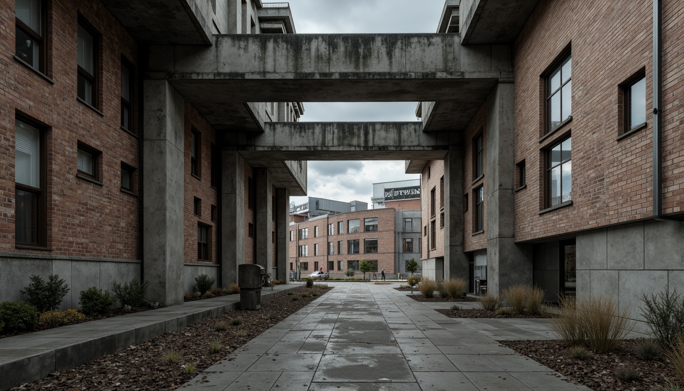 Prompt: Rough concrete walls, exposed ductwork, industrial metal beams, raw brick facades, weathered stone surfaces, distressed wood accents, brutalist monumentality, fortress-like structures, urban cityscape, overcast skies, dramatic shadows, high-contrast lighting, cinematic composition, gritty realistic textures, ambient occlusion.