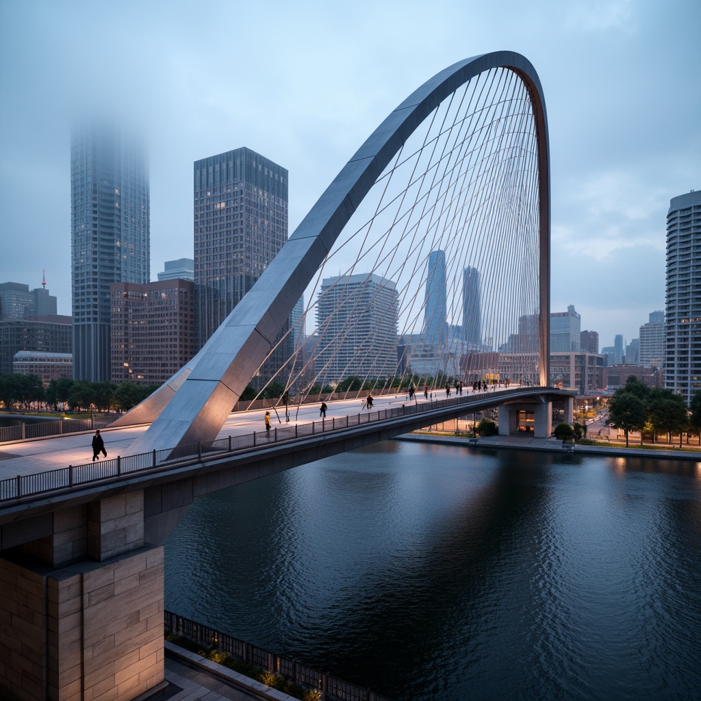 Prompt: Futuristic bridge, sleek metal arches, suspension cables, modern fusion architecture, dynamic curves, angular lines, vibrant LED lighting, urban cityscape, misty morning atmosphere, shallow depth of field, 1/2 composition, realistic reflections, ambient occlusion, intricate structural details, steel beams, reinforced concrete pillars, cantilevered sections, pedestrian walkways, vehicle traffic lanes, water flow simulations, rippling water effects, surrounding skyscrapers, bustling city life.