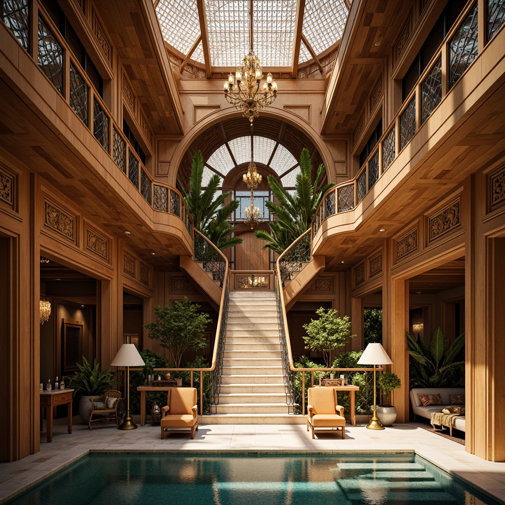 Prompt: Luxurious villa, ornate Art Deco facade, geometric patterns, metallic accents, curved lines, opulent decorations, lavish furnishings, grand staircase, intricate moldings, ornamental railings, luxurious textiles, velvet drapes, crystal chandeliers, marble floors, rich wood paneling, sunlit atrium, warm golden lighting, shallow depth of field, 1/1 composition, symmetrical framing, high-contrast rendering, realistic reflections.