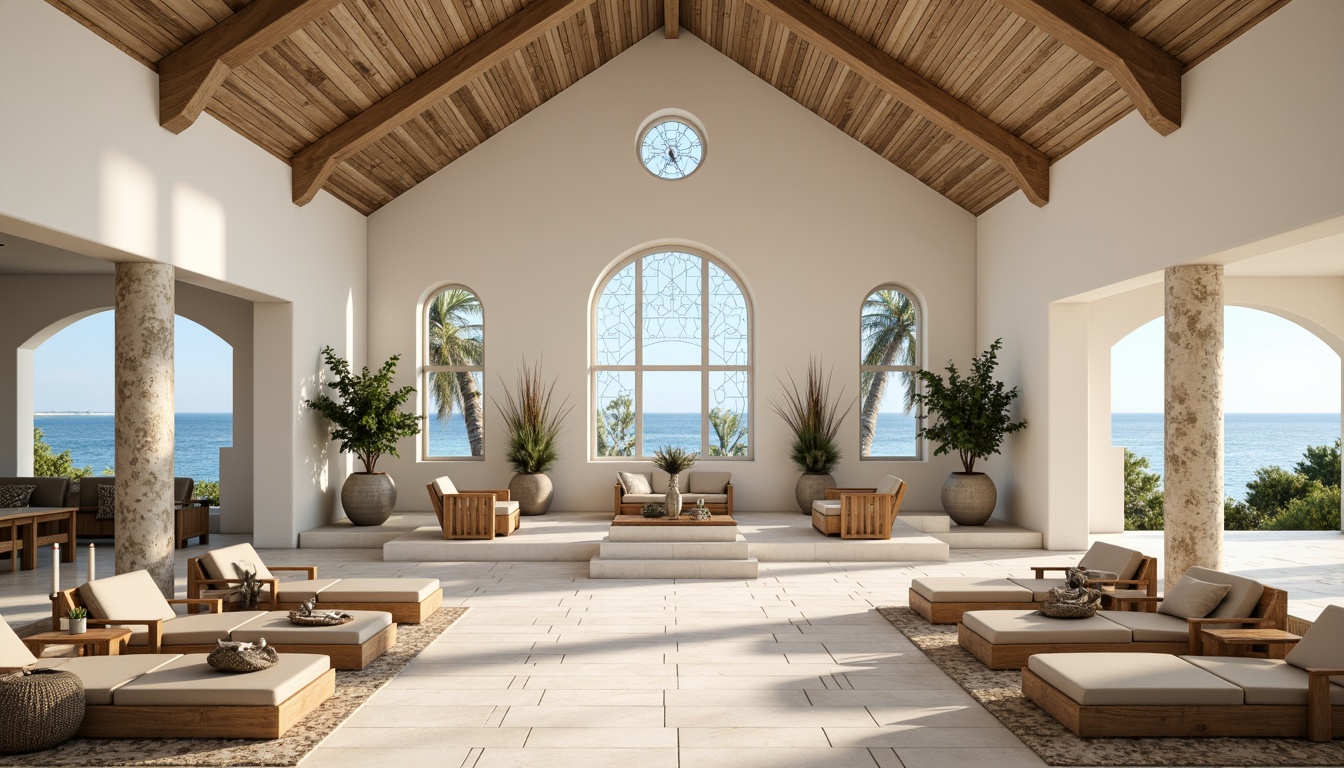 Prompt: \Serene coastal church, soft creamy whites, weathered wood accents, calming blues, gentle sandy neutrals, rustic stone walls, stained glass windows, nautical rope details, driftwood decorations, sea-inspired sculptures, ocean breeze, warm sunny day, shallow depth of field, 1/1 composition, symmetrical architecture, realistic textures, ambient occlusion.\