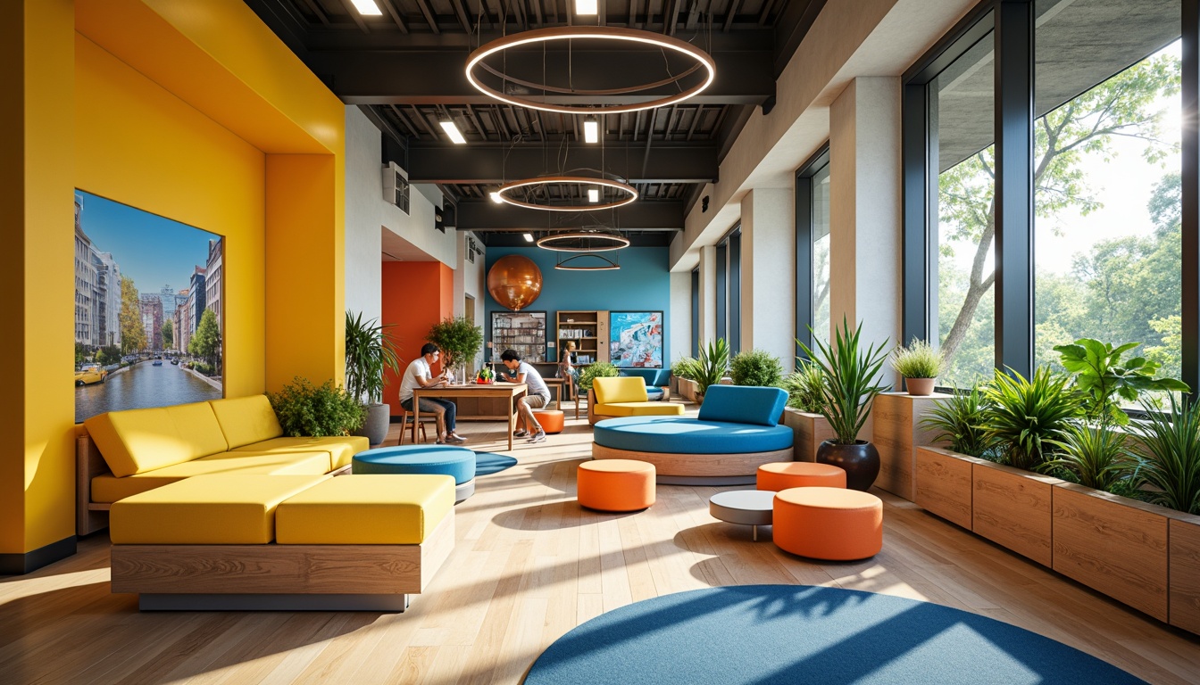 Prompt: Vibrant creative learning space, bold color scheme, stimulating yellow accents, calming blue undertones, energetic orange hues, inspiring greenery, natural wood textures, modern minimalist furniture, sleek metal legs, comfortable cushioned seating, collaborative workstations, interactive whiteboards, innovative technology integration, abundant natural light, soft warm glow, shallow depth of field, 3/4 composition, panoramic view, realistic textures, ambient occlusion.