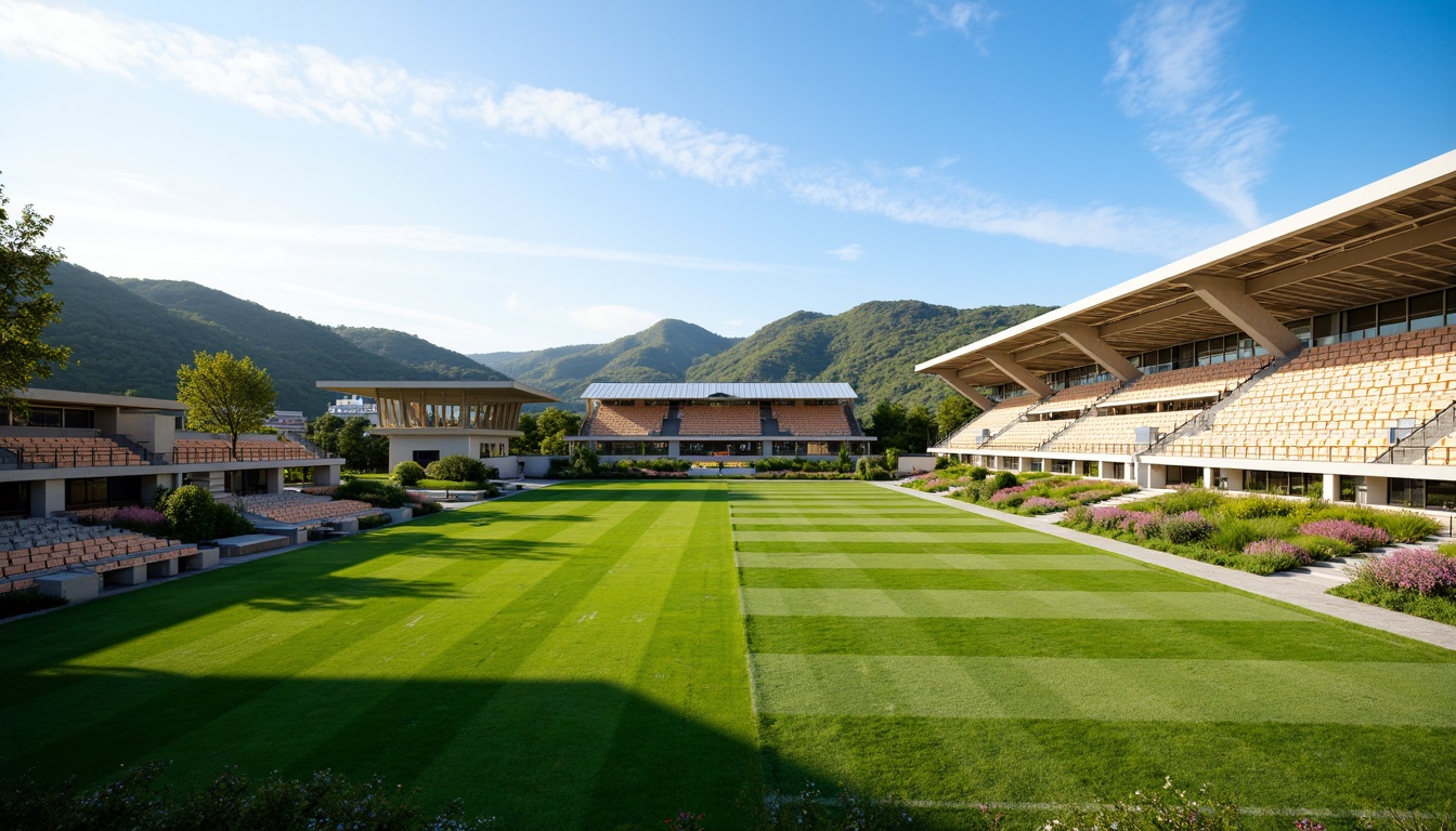 Prompt: Panoramic football stadium, lush green grass, vibrant sports lighting, tiered seating, modern architecture, sleek metal structures, angular lines, minimalist design, natural stone fa\u00e7ades, large windows, glass doors, blooming trees, sunny day, soft warm lighting, shallow depth of field, 3/4 composition, realistic textures, ambient occlusion, rolling hills, scenic vistas, integrated landscape design, eco-friendly materials, sustainable water management systems, rainwater harvesting, green roofs, innovative irrigation technologies, shaded outdoor spaces, misting systems.