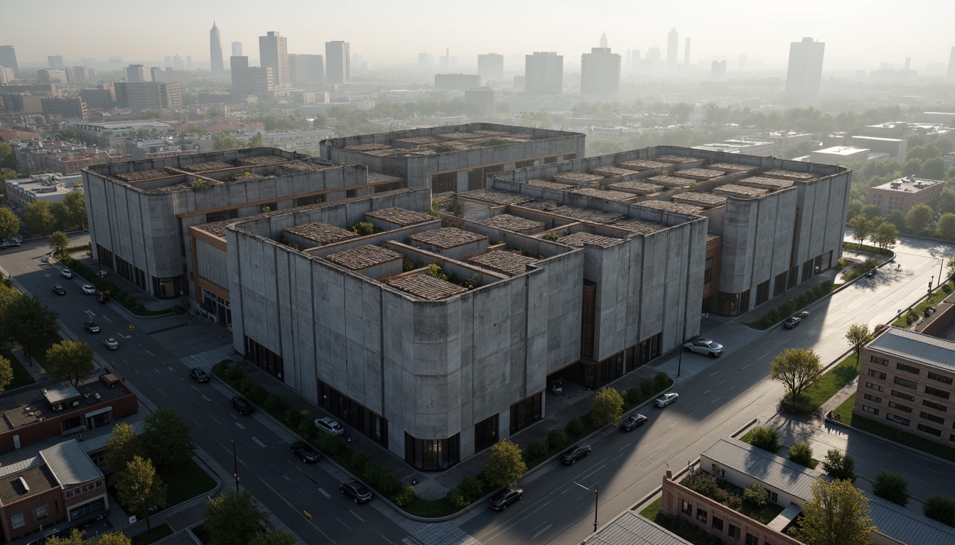 Prompt: Massive distribution center, brutalist architecture, rugged concrete walls, fortress-like structures, angular forms, geometric patterns, industrial materials, exposed ductwork, metallic beams, raw textures, urban landscape, busy streets, cityscape backdrop, dramatic lighting, high contrast shadows, cinematic composition, 1/2 framing, atmospheric fog, realistic rendering.