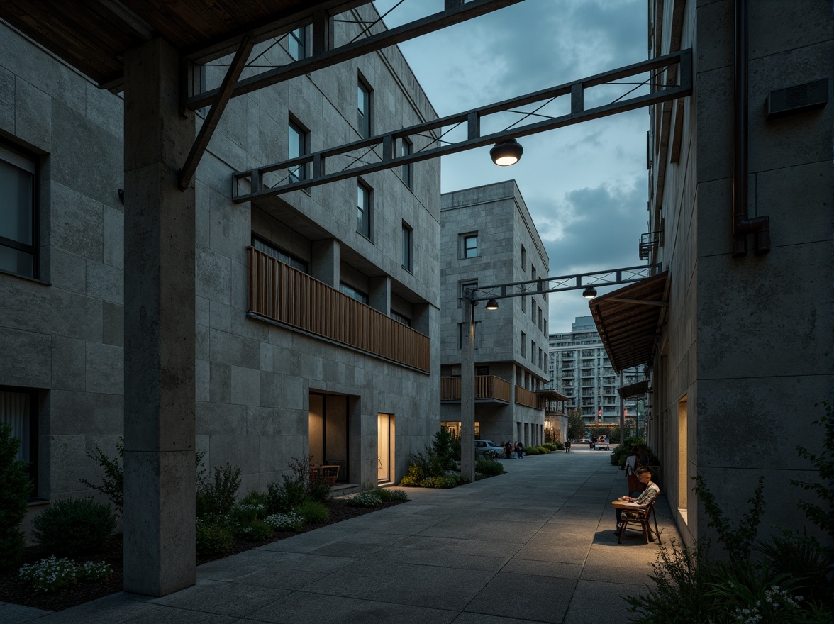 Prompt: Rough-hewn concrete walls, brutalist architecture, dramatic spotlights, industrial metal beams, exposed ductwork, raw unfinished surfaces, bold geometric shapes, fortress-like structures, urban cityscape, overcast skies, moody atmospheric lighting, high-contrast shadows, cinematic composition, 2.35