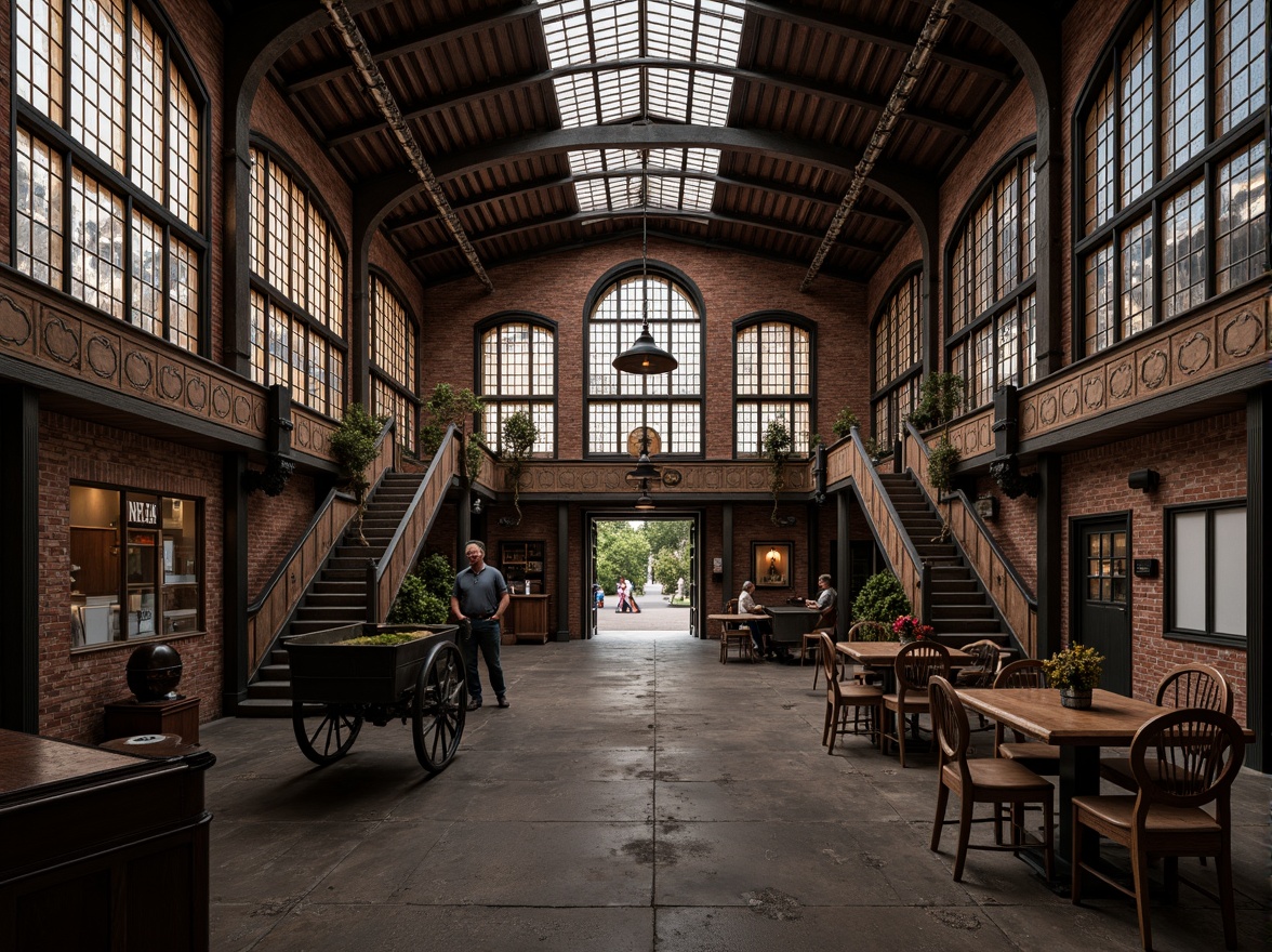 Prompt: Industrial heritage building, ornate metalwork, curved lines, flowing organic forms, stained glass windows, intricate mosaics, luxurious textiles, rich wood tones, vintage machinery, exposed brick walls, distressed finishes, atmospheric lighting, warm color palette, shallow depth of field, 1/1 composition, realistic textures, ambient occlusion.