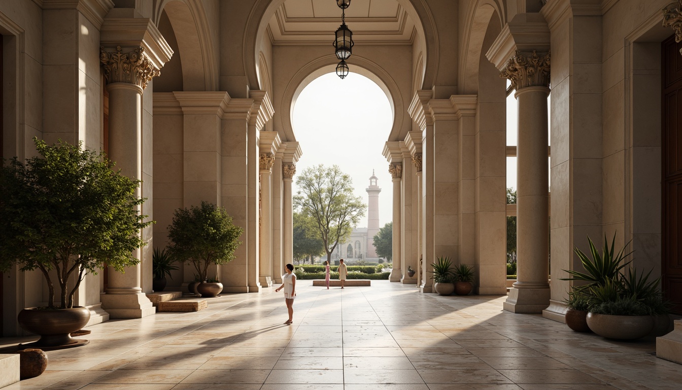 Prompt: Grand symmetrical entrance, harmonious balance, elegant arches, ornate columns, mirrored reflections, radial patterns, central axis, perfect proportions, geometric shapes, minimalist design, neutral color palette, natural stone flooring, subtle textures, ambient lighting, soft shadows, 1/1 composition, frontal view, realistic rendering, atmospheric perspective.