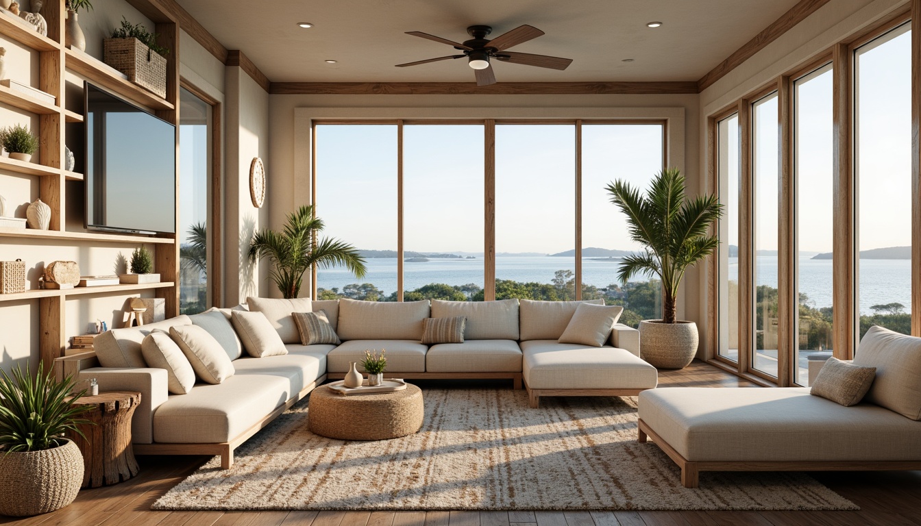 Prompt: Coastal living room, ocean-inspired color palette, driftwood accents, natural textiles, woven sea grass furniture, coral-patterned rugs, shell-adorned decorative walls, floor-to-ceiling windows, sliding glass doors, panoramic ocean views, soft warm lighting, beachy ambiance, minimalist decor, nautical-themed accessories, distressed wood flooring, plush sectional sofas, built-in shelving units, tropical plants, calming atmosphere, 1/1 composition, realistic reflections, ambient occlusion.