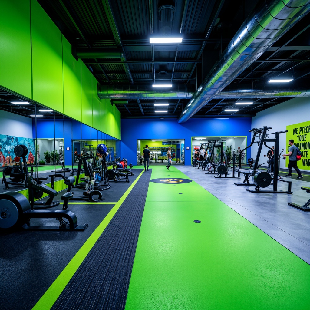 Prompt: Vibrant gym interior, bold color scheme, energetic atmosphere, neon green accents, deep blue tones, metallic silver equipment, industrial concrete floors, exposed ductwork ceilings, modern LED lighting, motivational quotes, athletic tracks, dynamic shapes, abstract patterns, high-contrast textures, dramatic shadows, 1/2 composition, low-angle shot, cinematic mood, realistic reflections.