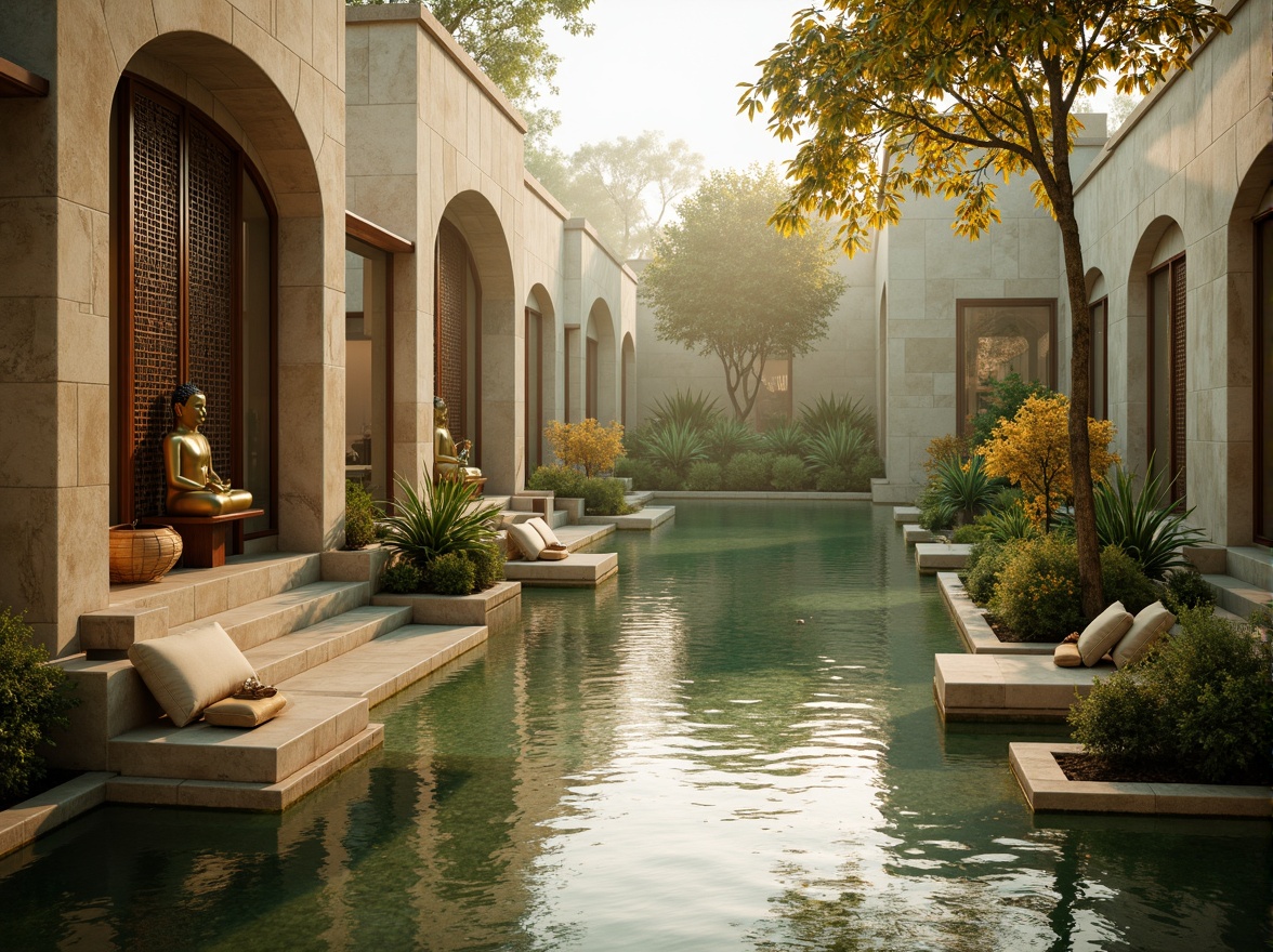 Prompt: \Ethereal temple, soft golden lighting, calming turquoise accents, natural stone walls, intricately carved wooden doors, serene water features, lush greenery, peaceful Buddha statues, minimalist decor, subtle aromas, warm beige tones, gentle archways, soft misty atmosphere, shallow depth of field, 1/1 composition, realistic textures, ambient occlusion.\