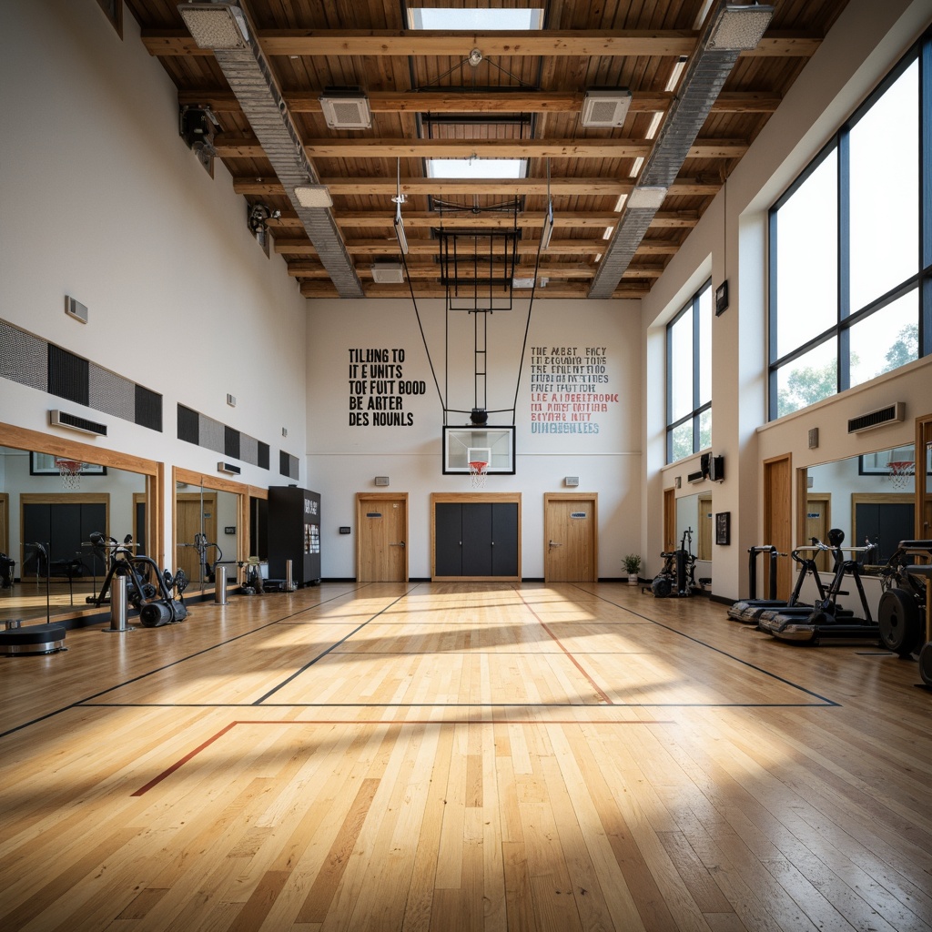 Prompt: Spacious gymnasium interior, high ceilings, natural light pouring in, polished wooden floors, athletic equipment, basketball hoops, volleyball nets, exercise machines, free weights, mirrored walls, motivational quotes, modern architecture, minimalist design, sleek lines, abundant ventilation, soft warm lighting, shallow depth of field, 3/4 composition, panoramic view, realistic textures, ambient occlusion.