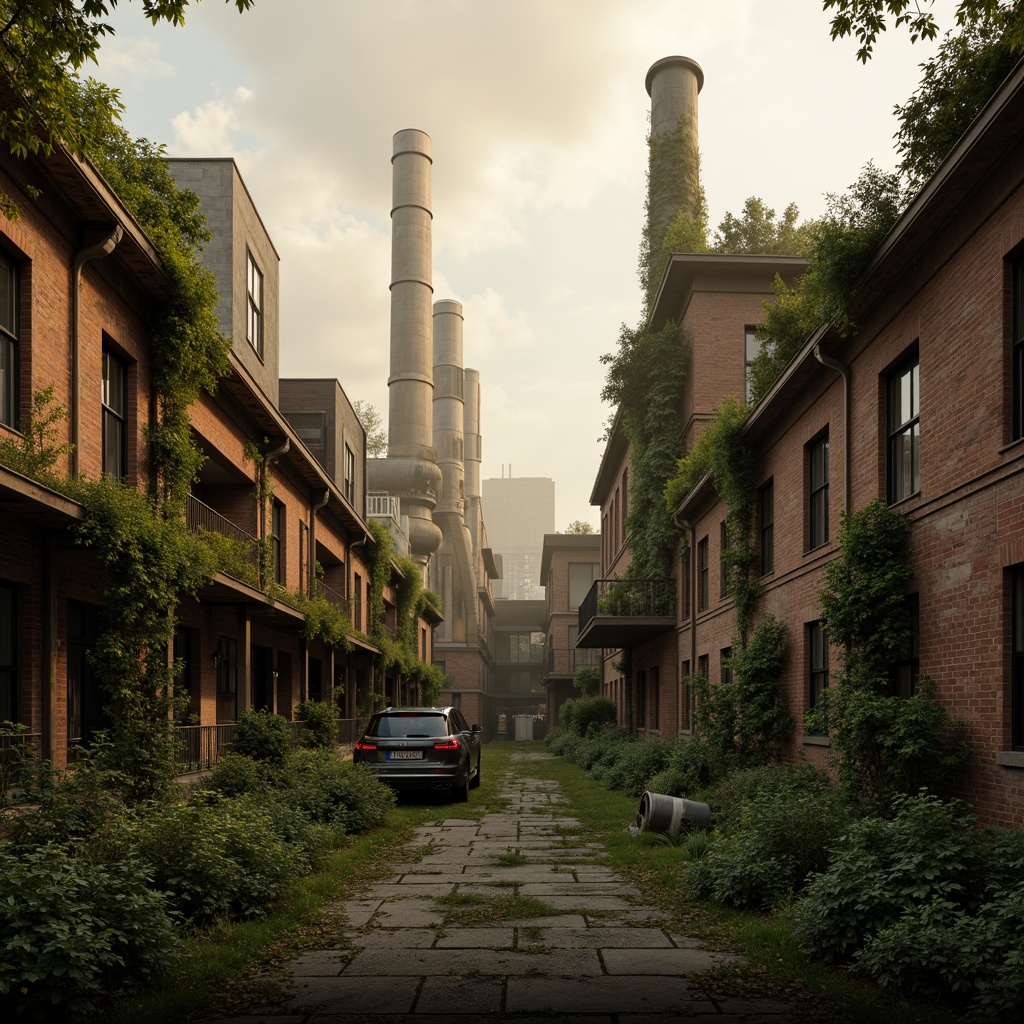 Prompt: Industrial factory buildings, Gothic architectural details, overgrown vegetation, crumbling brick walls, rusty metal beams, ivy-covered chimneys, abandoned machinery, foggy atmosphere, warm golden lighting, shallow depth of field, 1/2 composition, symmetrical framing, realistic textures, ambient occlusion.