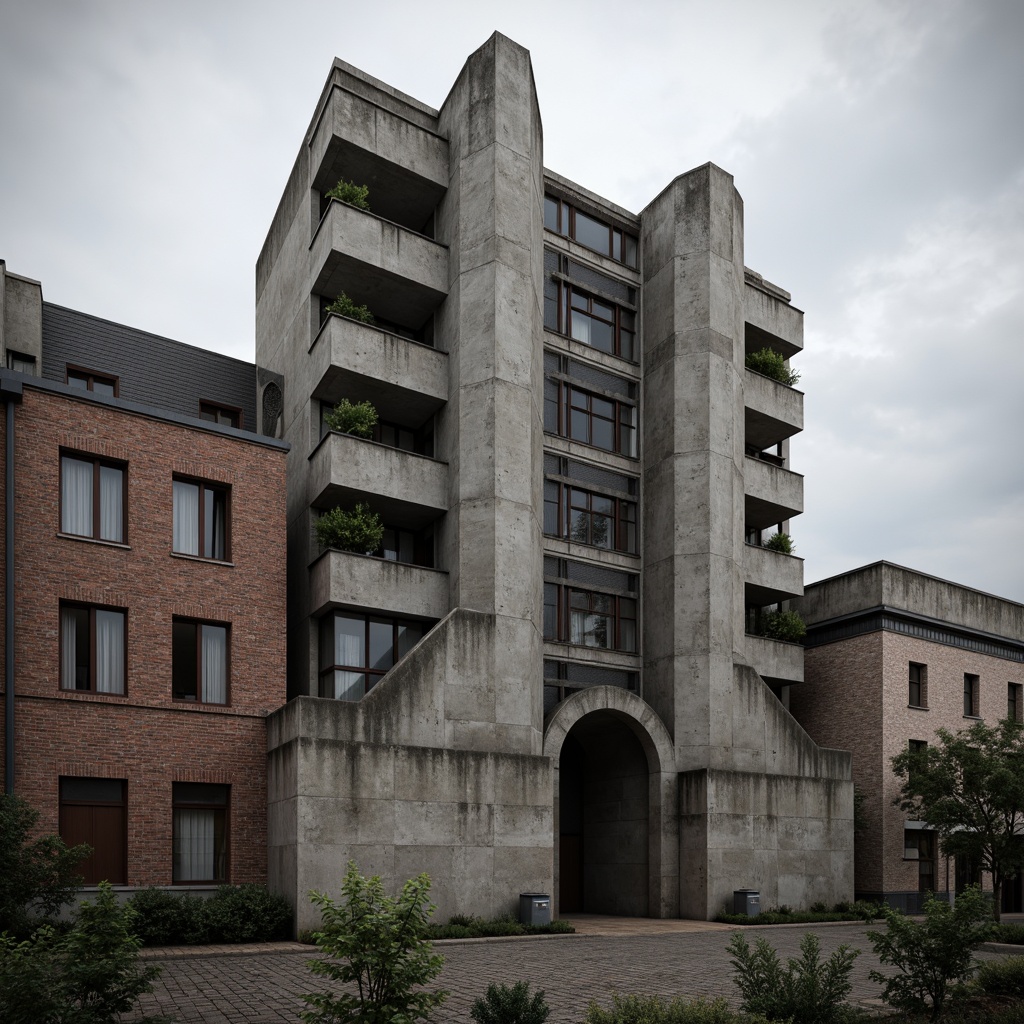 Prompt: Rough-hewn concrete walls, exposed ductwork, industrial metal beams, weathered steel surfaces, raw brick facades, rugged stone foundations, brutalist fortress-like structures, dramatic cantilevered roofs, angular geometric forms, monolithic monumental scale, harsh urban landscapes, overcast skies, diffused natural light, high-contrast shadows, gritty realistic textures, detailed normal maps, ambient occlusion.