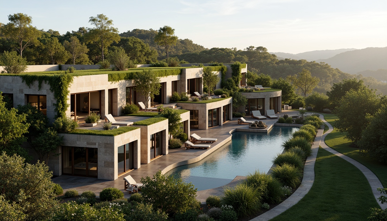 Prompt: Harmonious building facade, lush green roofs, verdant walls, natural stone cladding, wooden accents, curved lines, organic shapes, seamless transitions, outdoor living spaces, infinity pools, water features, surrounding landscape, rolling hills, native flora, meandering pathways, scenic overlooks, soft warm lighting, shallow depth of field, 1/1 composition, panoramic view, realistic textures, ambient occlusion.