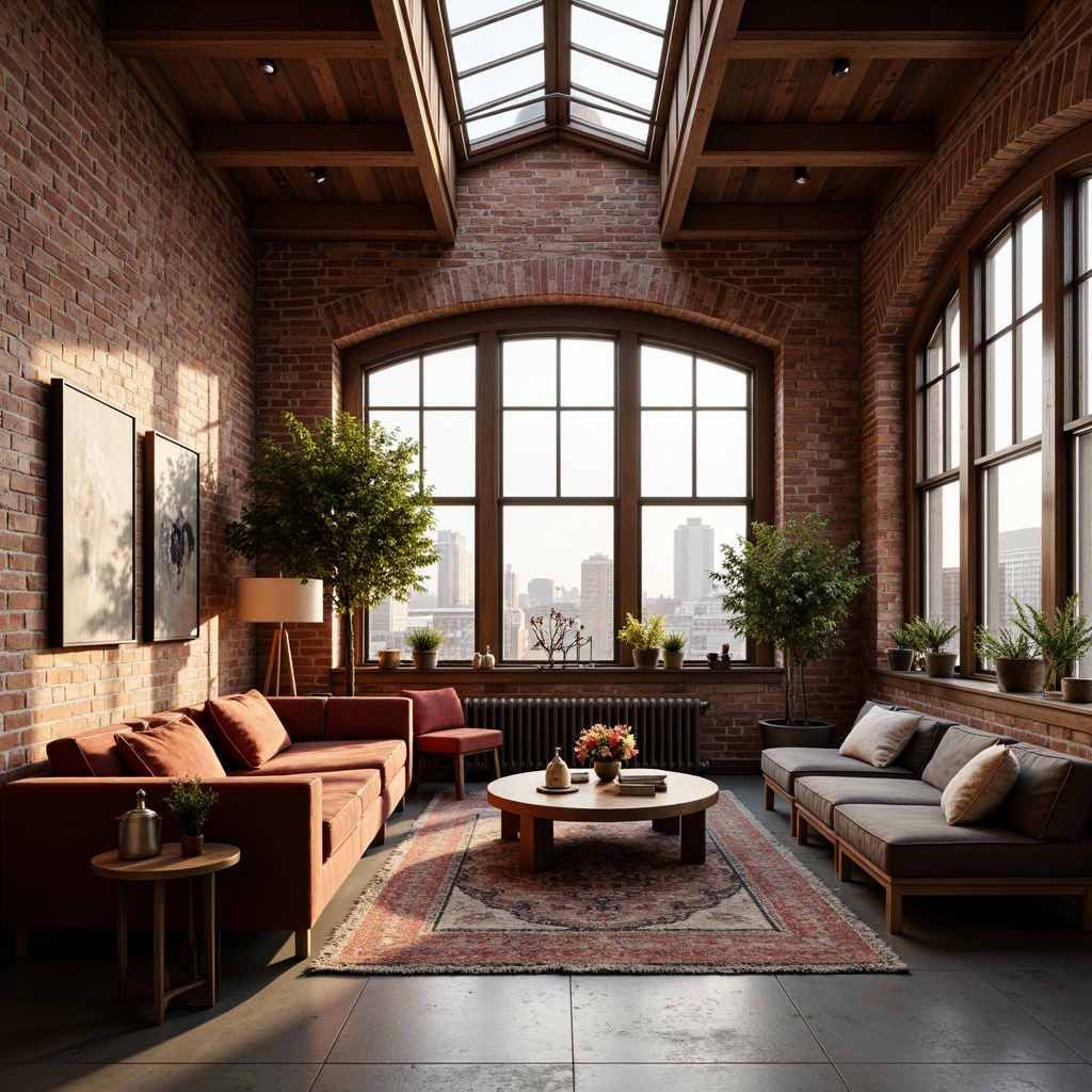 Prompt: Exposed brick walls, wooden beam ceilings, industrial chic decor, cozy reading nooks, plush velvet sofas, vintage rugs, distressed wood furniture, soft warm lighting, large windows, skylights, clerestory windows, urban cityscape views, romantic ambiance, intimate atmosphere, natural textiles, earthy color palette, minimalist ornamentation, functional simplicity, airy open spaces, 1/1 composition, shallow depth of field, warm golden hour lighting.