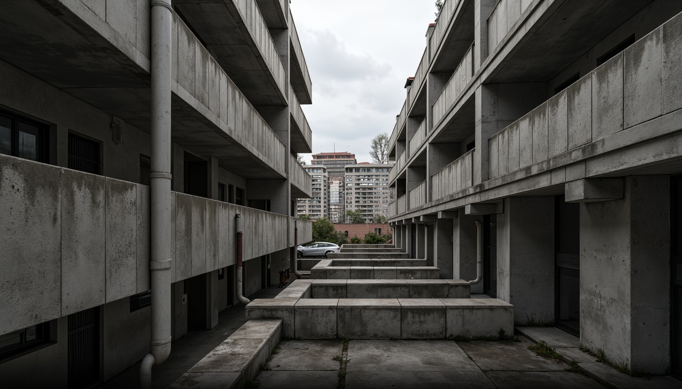 Prompt: Exposed concrete walls, rugged textures, industrial pipes, raw steel beams, minimalist balconies, brutalist architecture, urban cityscape, gloomy overcast sky, dramatic shadows, high-contrast lighting, bold geometric forms, functional simplicity, distressed finishes, poured-in-place concrete, cold monochromatic color palette, 1/1 composition, low-angle shot, cinematic atmosphere, gritty realistic textures.