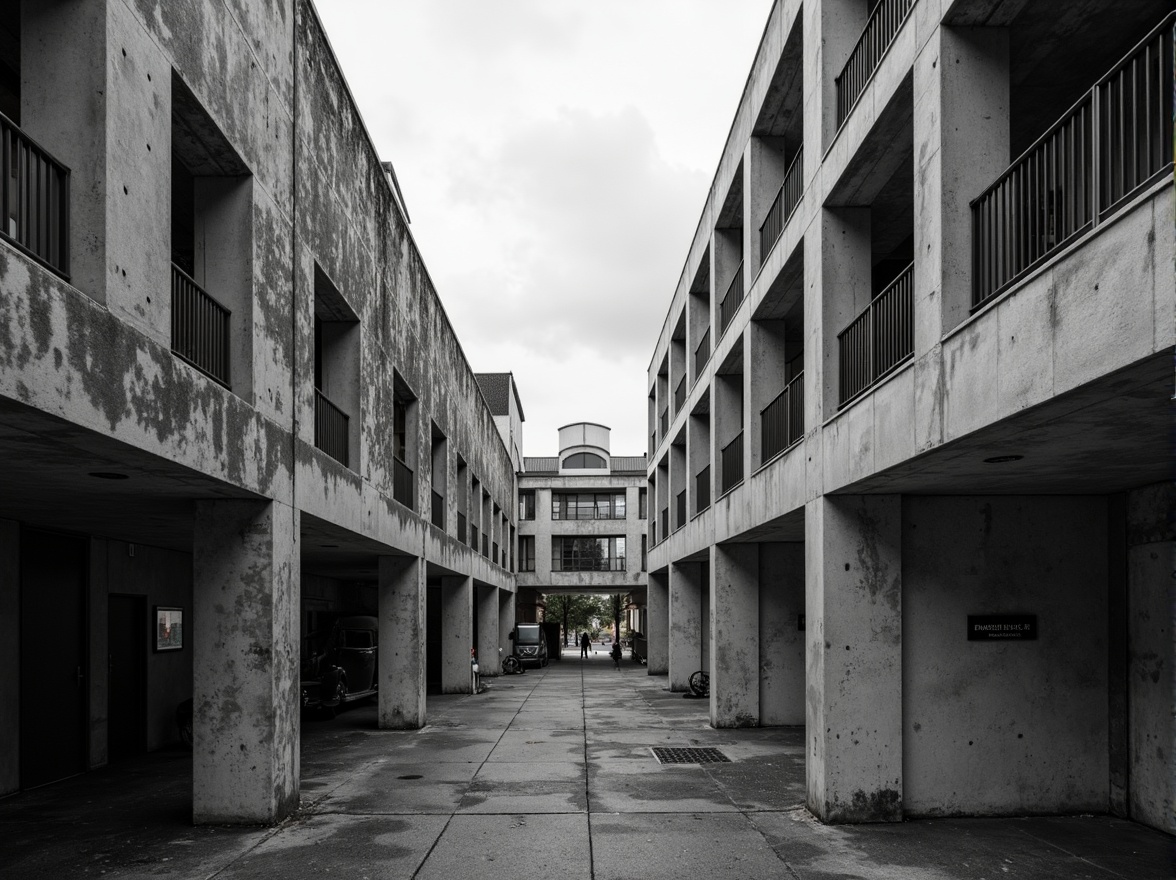 Prompt: Monochromatic brutalist building, rugged concrete textures, bold color contrasts, stark shadows, industrial materials, exposed ductwork, raw steel beams, minimalist decor, urban cityscape, overcast sky, dramatic lighting, high contrast ratio, 1/1 composition, symmetrical framing, abstract geometric patterns, distressed finishes, weathered surfaces, brutalist architectural style, functional simplicity.