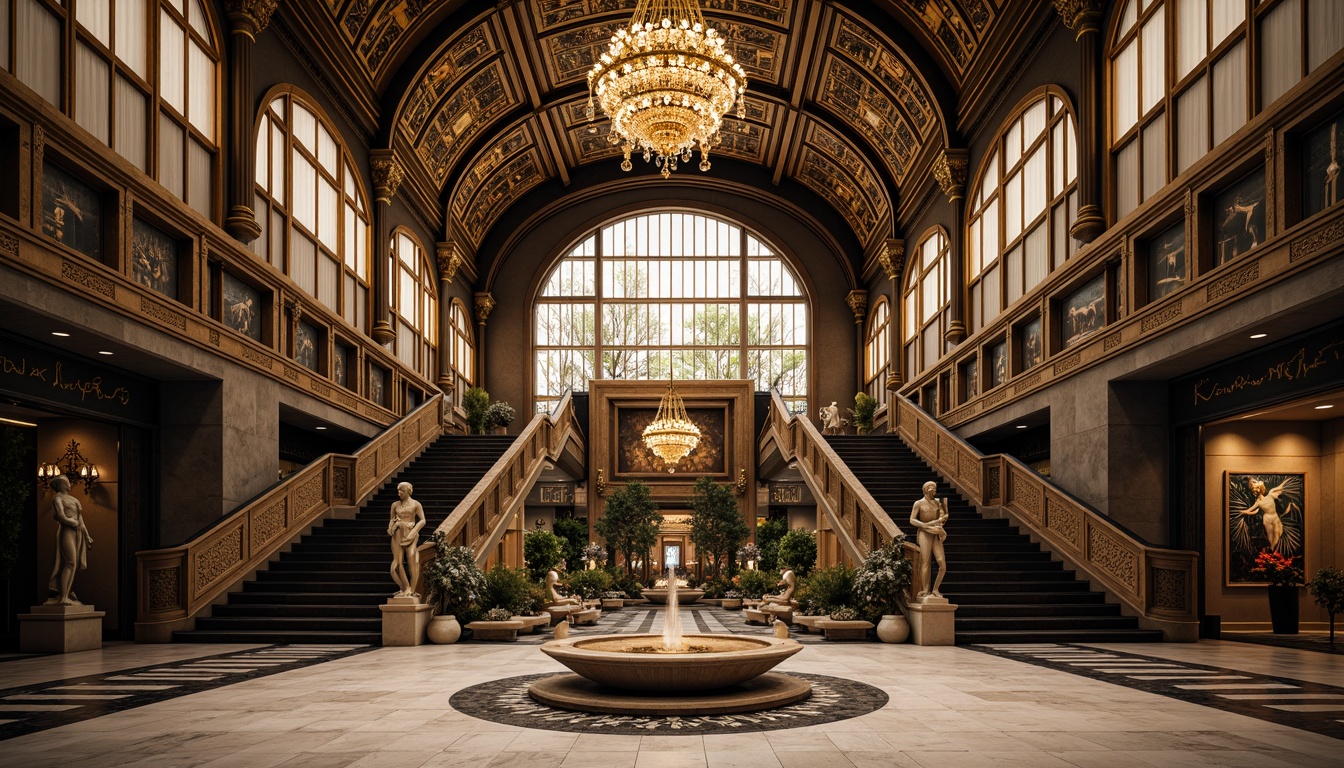 Prompt: Intricate geometric patterns, ornate metalwork, luxurious marble surfaces, grandiose statues, symmetrical compositions, opulent chandeliers, lavish mosaics, bold typography, stylized florals, zigzag motifs, chevron designs, metallic accents, glossy finishes, sunburst patterns, stepped silhouettes, monumental scale, dramatic lighting, low-angle view, cinematic composition, high-contrast colors, ornate fountains, grand staircases.