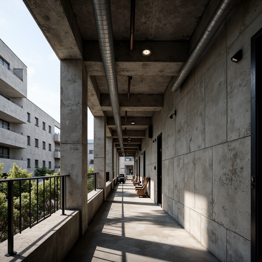 Prompt: Raw concrete walls, rugged textures, brutalist architecture, urban apartment building, industrial chic aesthetic, minimalist decor, functional simplicity, exposed ductwork, steel beams, industrial-style lighting, metal railings, raw wood accents, monochromatic color scheme, dramatic shadows, high-contrast lighting, cinematic composition, 1/2 camera angle, gritty realistic textures, ambient occlusion.