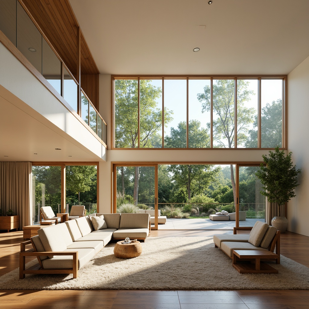 Prompt: Spacious modern living room, floor-to-ceiling windows, sliding glass doors, minimal window frames, transparent glass railings, natural wood accents, creamy white walls, plush area rugs, comfortable sofas, greenery views, sunny afternoon, soft warm lighting, shallow depth of field, 1/1 composition, realistic textures, ambient occlusion.