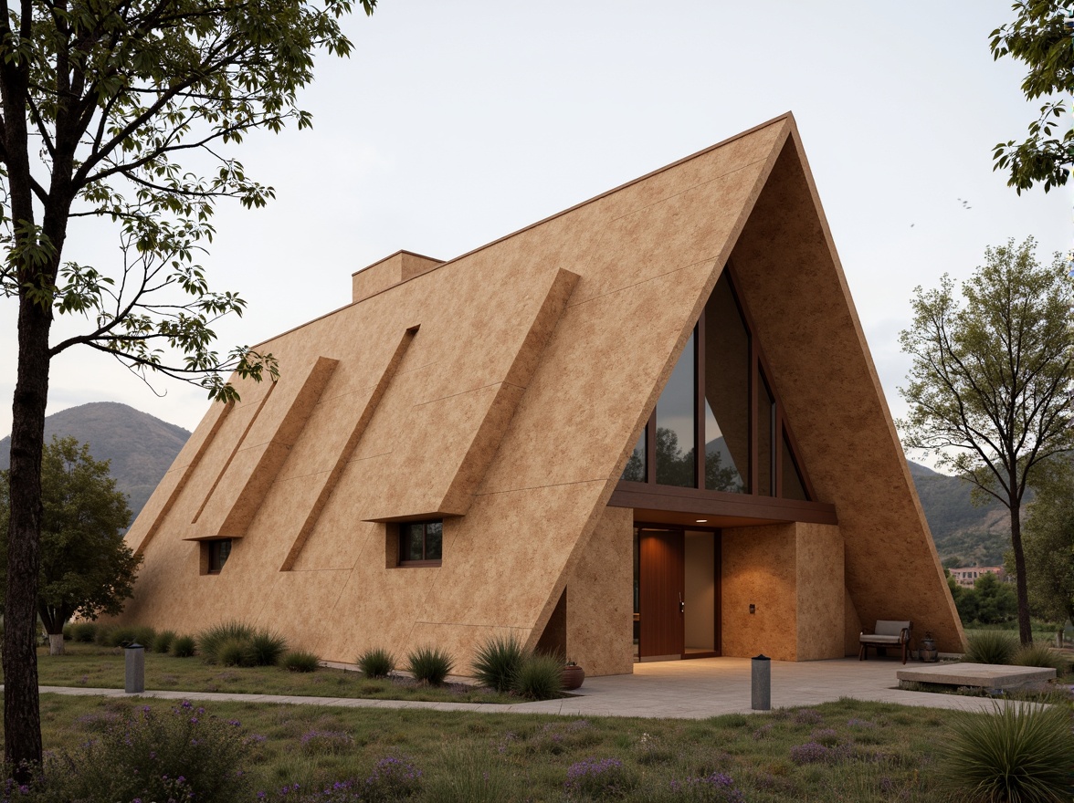 Prompt: Rustic constructivist church, cork exterior cladding, earthy tones, natural textures, geometric shapes, minimalist design, modernist architecture, sustainable building materials, eco-friendly construction, warm ambient lighting, soft diffused shadows, 1/1 composition, realistic renderings, subtle color palette, serene atmosphere, peaceful ambiance, spiritual context.