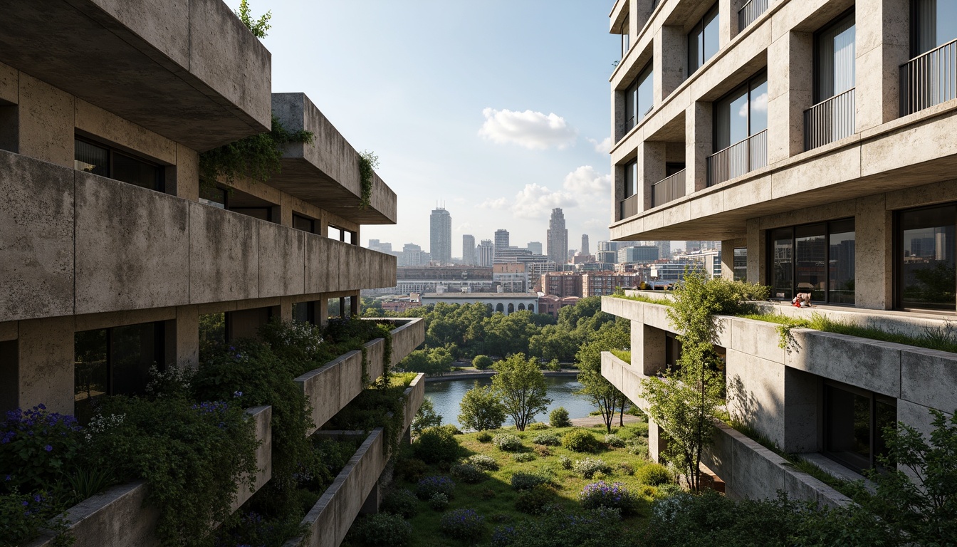 Prompt: Rugged brutalist buildings, raw concrete textures, fortress-like structures, overgrown vegetation, wildflowers, moss-covered walls, weathered steel beams, industrial materials, urban landscape integration, cityscape views, elevated walkways, cantilevered sections, dramatic shadows, harsh natural light, 1/1 composition, symmetrical framing, gritty realistic renderings, ambient occlusion.