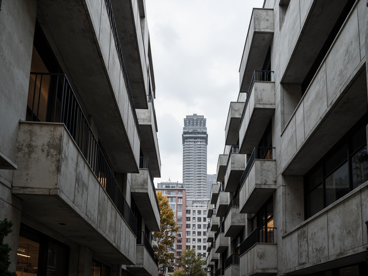 Prompt: Exposed concrete walls, rugged textures, industrial pipes, raw steel beams, minimalist balconies, brutalist architecture, urban cityscape, gloomy overcast sky, dramatic shadows, high-contrast lighting, bold geometric forms, functional simplicity, distressed finishes, poured-in-place concrete, cold monochromatic color palette, 1/1 composition, low-angle shot, cinematic atmosphere, gritty realistic textures.