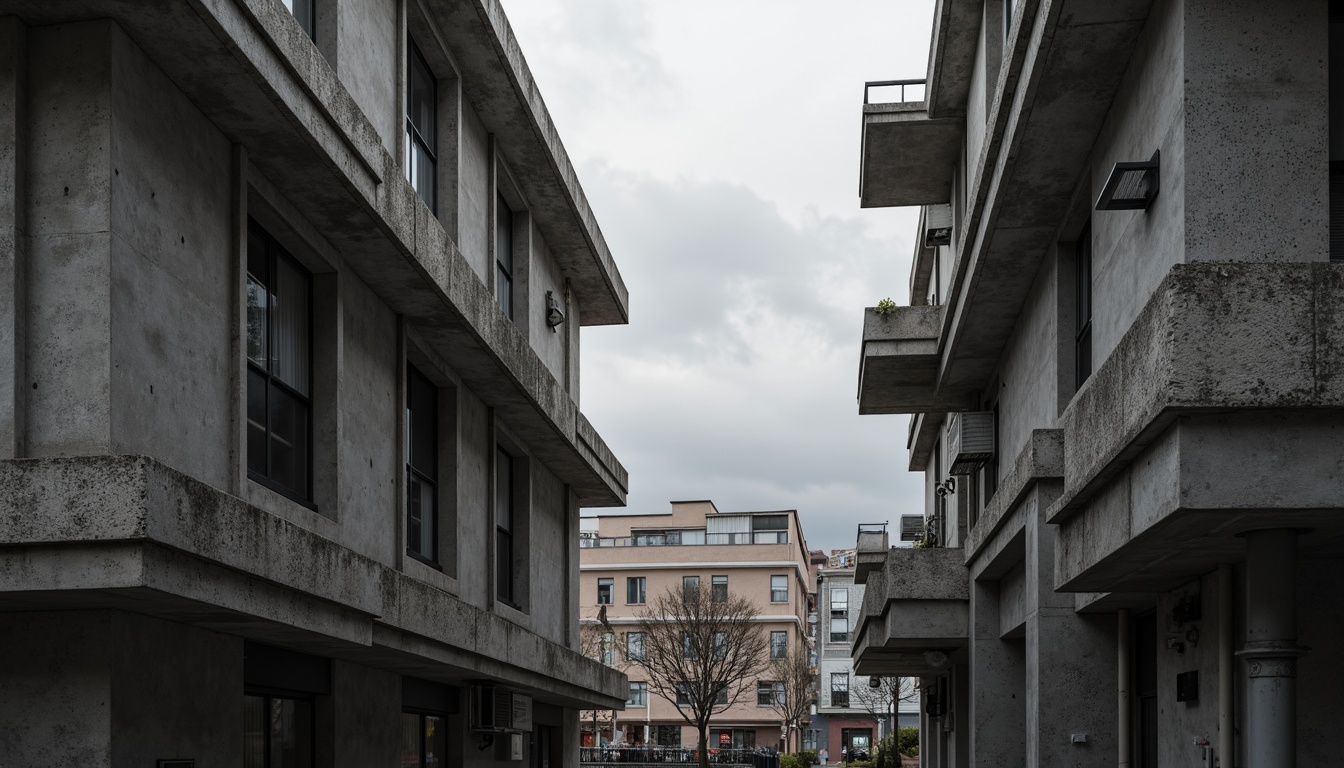 Prompt: Exposed concrete walls, rugged textures, industrial pipes, raw steel beams, minimalist balconies, brutalist architecture, urban cityscape, gloomy overcast sky, dramatic shadows, high-contrast lighting, bold geometric forms, functional simplicity, distressed finishes, poured-in-place concrete, cold monochromatic color palette, 1/1 composition, low-angle shot, cinematic atmosphere, gritty realistic textures.