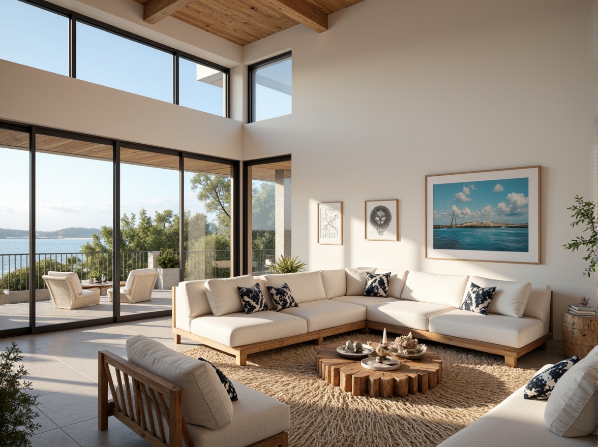 Prompt: Coastal living room, ocean-inspired color palette, driftwood accents, natural textiles, woven sea grass rugs, shell-adorned decorative pieces, floor-to-ceiling windows, sliding glass doors, beachy vibe, soft warm lighting, 1/1 composition, shallow depth of field, realistic wood textures, ambient occlusion, modern minimalist furniture, plush sectional sofas, reclaimed wood coffee tables, nautical-themed artwork, coral-patterned throw pillows, sea salt-scented candles, calming atmosphere.