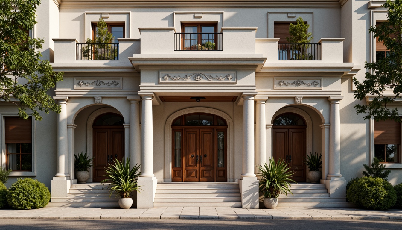 Prompt: Elegant classicism house facade, ornate columns, symmetrical composition, grand entrance, carved wooden doors, decorative pediments, rustic stone walls, arched windows, ornamental balconies, intricate moldings, subtle color palette, soft natural lighting, shallow depth of field, 1/1 composition, realistic textures, ambient occlusion.