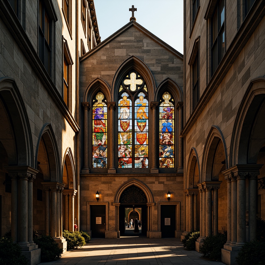 Prompt: Gothic church facade, asymmetrical composition, fragmented forms, abstract geometries, bold color contrasts, textured stone walls, stained glass windows, intricate metalwork, ornate doorways, dramatic arches, pointed spires, mystical ambiance, warm golden lighting, high-contrast shadows, 1/2 composition, low-angle shot, cinematic atmosphere, detailed textures, ambient occlusion.