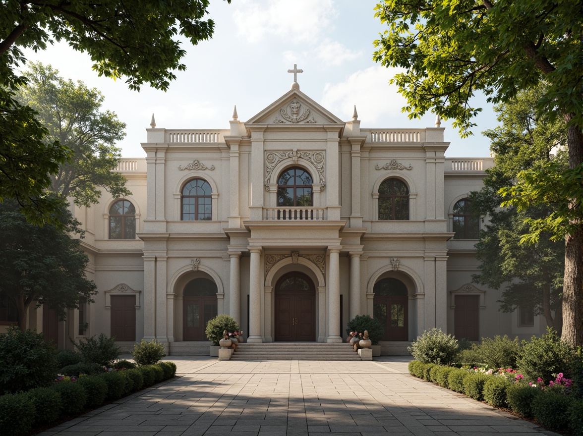 Prompt: Elegant monastery facade, neoclassical architecture style, symmetrical composition, ornate stone carvings, grand entrance arches, Corinthian columns, rusticated base, arched windows, stained glass details, intricate moldings, subtle color palette, soft natural lighting, serene atmosphere, peaceful courtyard, lush greenery, ancient trees, misty morning, shallow depth of field, 1/1 composition, realistic textures, ambient occlusion.