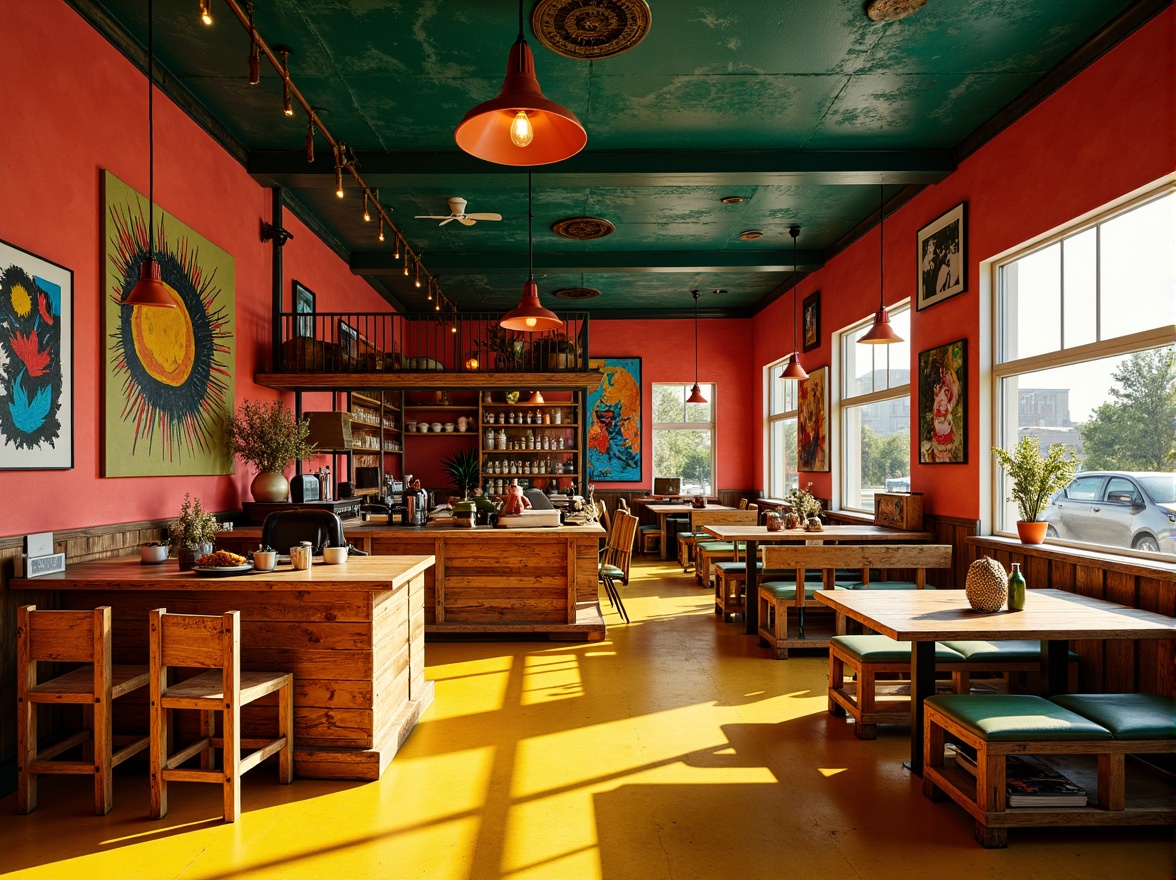 Prompt: Vibrant restaurant interior, expressionist art style, bold color palette, warm golden lighting, rich wood accents, eclectic furniture, abstract artwork, geometric patterns, bright coral walls, deep turquoise ceilings, sunny yellow floors, distressed metal decorations, reclaimed wood textures, industrial chic atmosphere, dramatic shadows, high contrast ratio, 1/2 composition, cinematic lighting, realistic reflections.