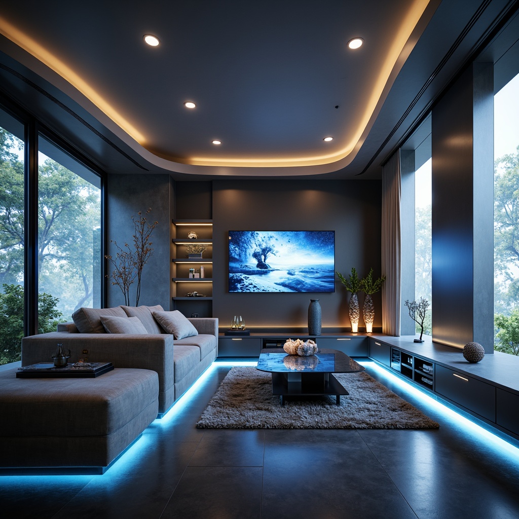 Prompt: Futuristic living room, sleek metallic walls, minimalist decor, curved lines, holographic displays, ambient lighting, smart home systems, automated furniture, hidden storage compartments, levitating shelves, transparent glass tables, neon-lit floors, virtual reality zones, 3D-printed decorative elements, high-tech gadgets, futuristic sculptures, abstract artwork, soft glowing accents, shallow depth of field, 1/1 composition, panoramic view, realistic textures, ambient occlusion.