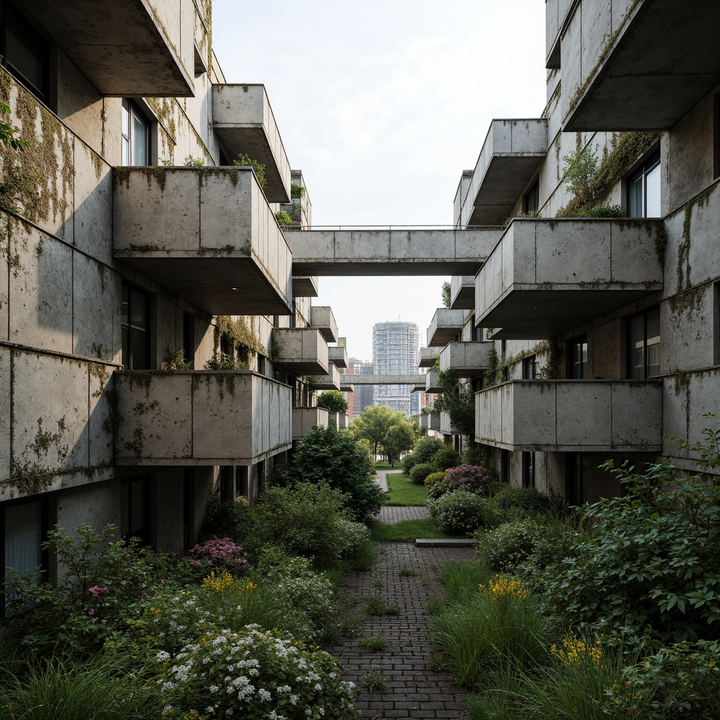 Prompt: Rugged brutalist buildings, raw concrete textures, fortress-like structures, overgrown vegetation, wildflowers, moss-covered walls, weathered steel beams, industrial materials, urban landscape integration, cityscape views, elevated walkways, cantilevered sections, dramatic shadows, harsh natural light, 1/1 composition, symmetrical framing, high-contrast colors, gritty realistic textures, ambient occlusion.