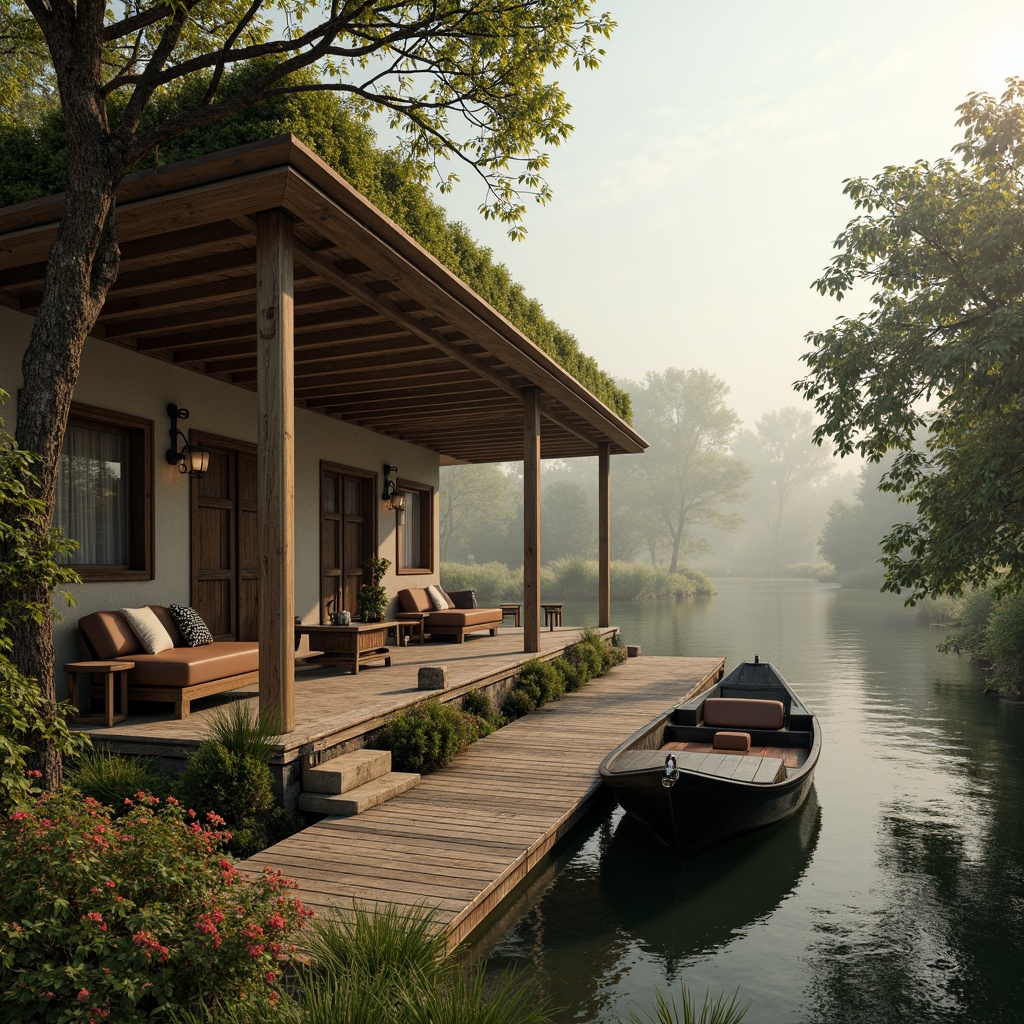 Prompt: Rustic boathouse, Renaissance-inspired architecture, wooden dock, vintage nautical elements, distressed wood accents, ornate metal fixtures, lush greenery, blooming flowers, tranquil water reflections, serene lake views, misty morning atmosphere, warm golden lighting, shallow depth of field, 1/2 composition, symmetrical framing, realistic textures, ambient occlusion.