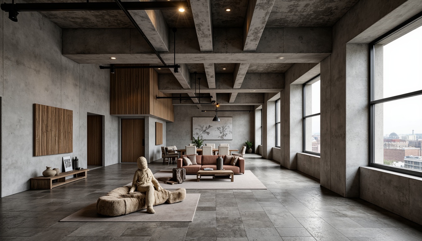 Prompt: Exposed concrete walls, rugged stone floors, industrial metal beams, raw wooden accents, minimalist decor, brutalist architectural style, urban loft atmosphere, high ceilings, large windows, natural light, cityscape views, functional simplicity, monochromatic color scheme, distressed textures, rough-hewn wood furniture, steel lighting fixtures, industrial-style pipes, concrete columns, brutalist-inspired sculptures, abstract artwork, moody ambient lighting, shallow depth of field, 2/3 composition, cinematic framing.