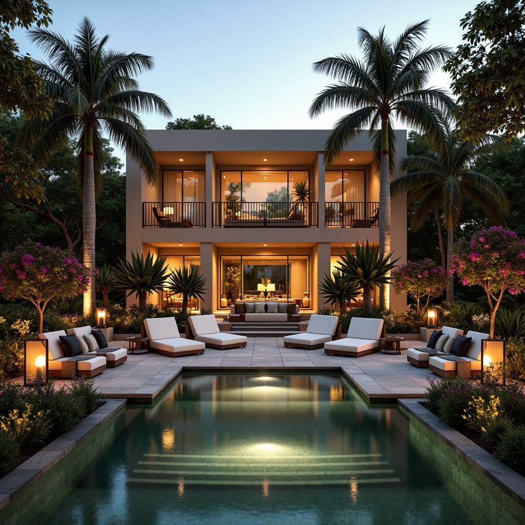 Prompt: Luxurious villa, Art Deco style, ornate metalwork, curved lines, geometric patterns, lavish furnishings, plush outdoor seating, vibrant tropical plants, exotic flowers, tranquil water features, sparkling fountains, warm golden lighting, soft evening ambiance, shallow depth of field, 1/1 composition, symmetrical framing, realistic textures, ambient occlusion.