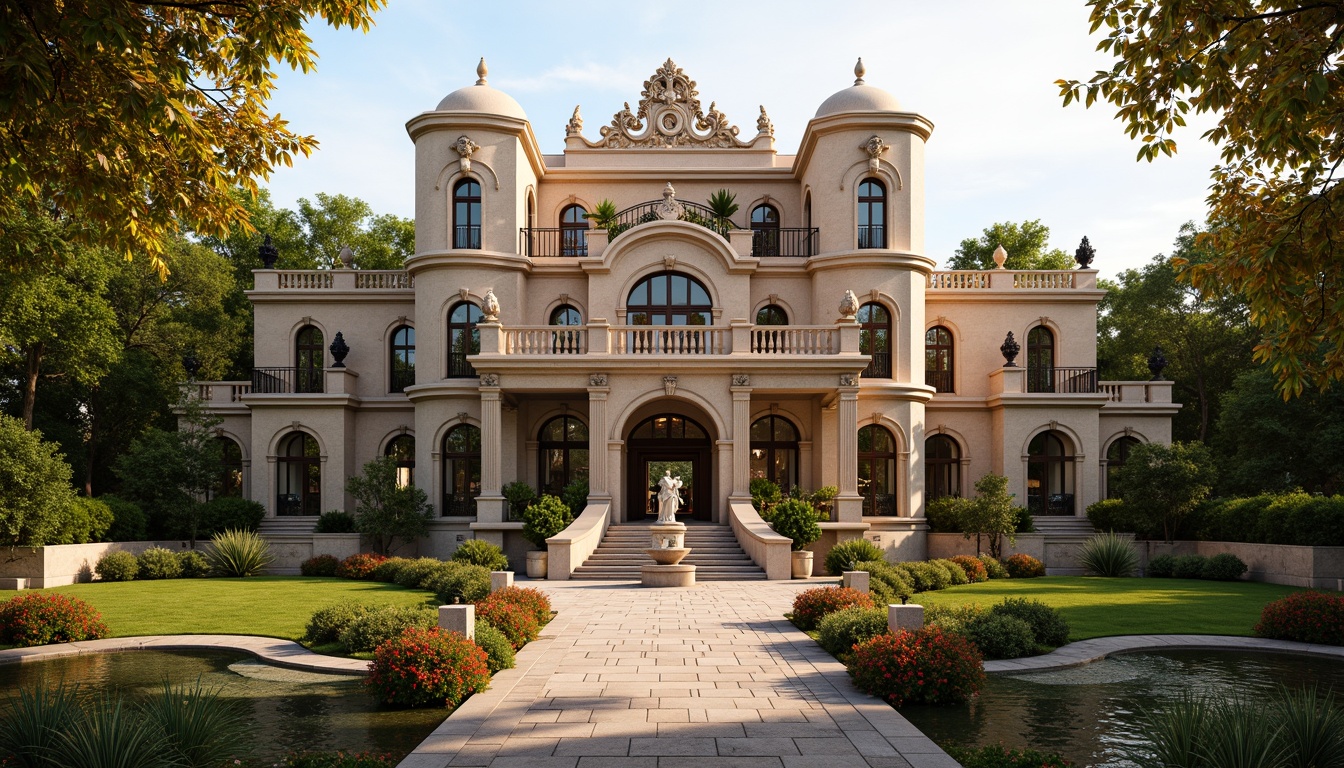 Prompt: Ornate Baroque-style mansion, grandiose facade, intricately carved stonework, lush greenery, vibrant flowers, meandering pathways, serene water features, ornamental fountains, statuesque decorations, rustic stone walls, majestic entrance gates, symmetrical composition, warm golden lighting, soft focus, 1/2 composition, atmospheric perspective, realistic textures, ambient occlusion.