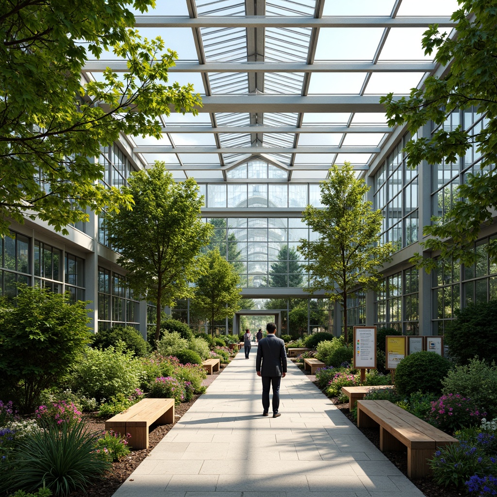 Prompt: Elegant greenhouse, lush greenery, abundant natural light, clerestory windows, skylights, transparent roof panels, steel frames, minimalist architecture, modern academic style, vibrant flowers, educational signs, wooden benches, stone pathways, warm sunny day, soft diffused lighting, shallow depth of field, 1/1 composition, realistic textures, ambient occlusion.