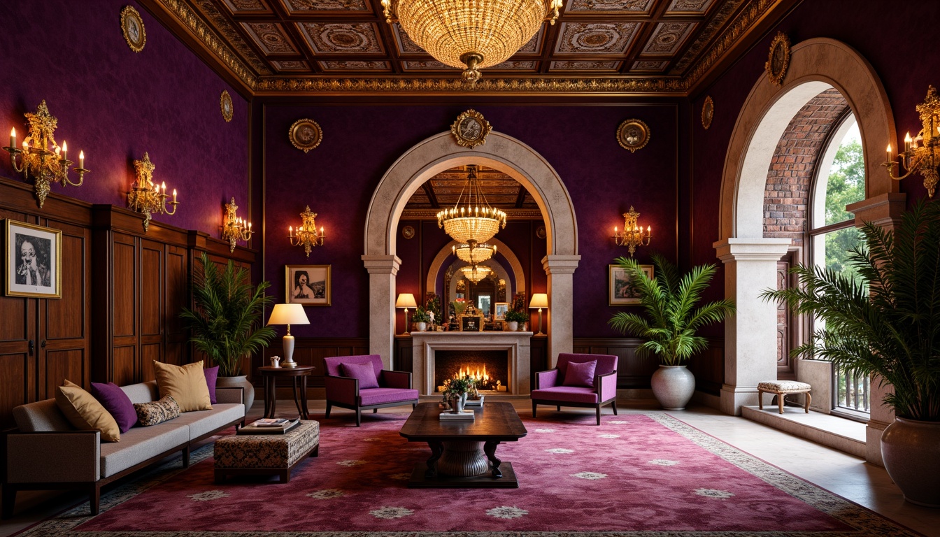 Prompt: Rich plum accents, luxurious velvet textures, ornate golden details, majestic archways, grandiose columns, lavish furnishings, opulent chandeliers, regal atmosphere, sophisticated color scheme, warm ambient lighting, shallow depth of field, 1/2 composition, realistic reflections, intricate patterns, Moorish-inspired architecture, exotic cultural influences, vibrant jewel-toned hues.