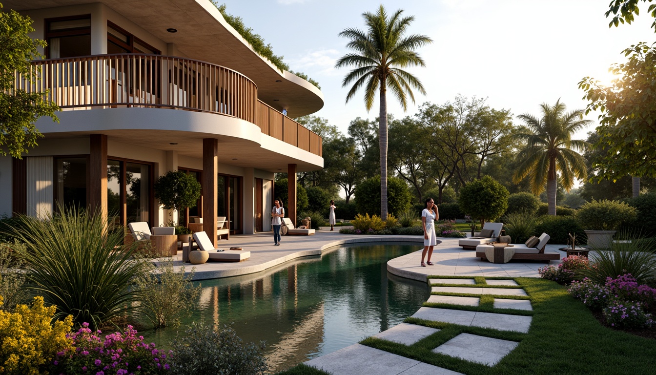 Prompt: Luxurious villa, Art Deco style, ornate metalwork, curved lines, geometric patterns, lavish furnishings, lush greenery, vibrant flowers, tranquil ponds, walking paths, natural stone pavers, elegant outdoor lighting, warm ambiance, soft golden lighting, shallow depth of field, 1/1 composition, symmetrical view, realistic textures, ambient occlusion.