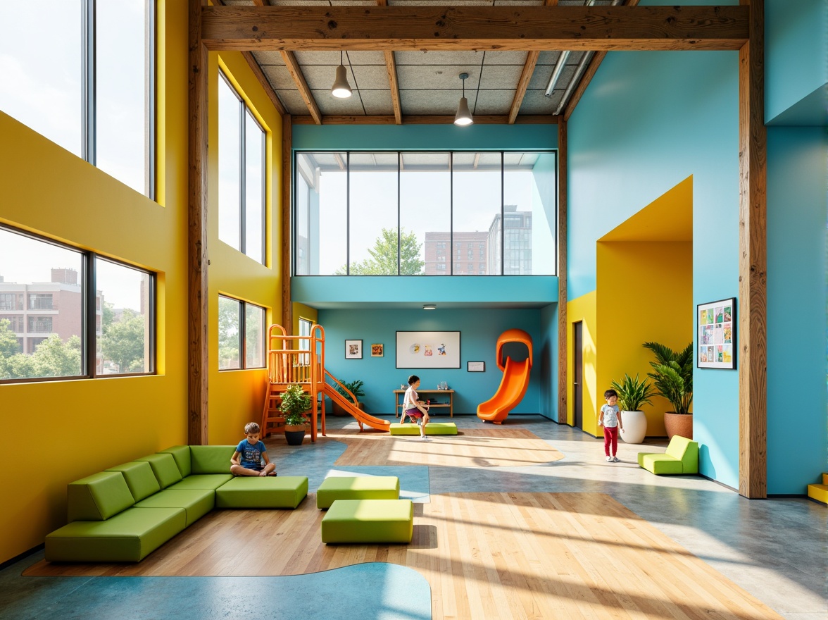 Prompt: Vibrant kindergarten, modernist architecture, bold color blocking, bright yellow walls, sky blue accents, lime green furniture, orange playground equipment, geometric shapes, minimalist decor, natural wood textures, industrial metal beams, large windows, abundant daylight, softbox lighting, shallow depth of field, 1/1 composition, symmetrical framing, playful patterns, whimsical illustrations, educational graphics, interactive displays.