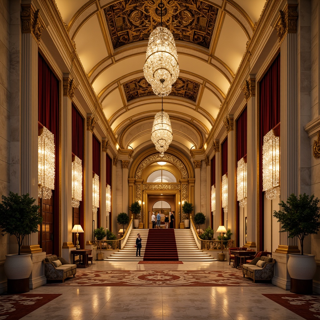 Prompt: Grandiose casino entrance, Corinthian columns, ornate capitals, lavish gold accents, intricate moldings, marble floors, crystal chandeliers, luxurious furnishings, rich velvet drapes, majestic staircases, sweeping archways, neoclassical architecture, symmetrical facade, imposing stone walls, dramatic lighting, warm golden tones, shallow depth of field, 1/1 composition, realistic textures, ambient occlusion.