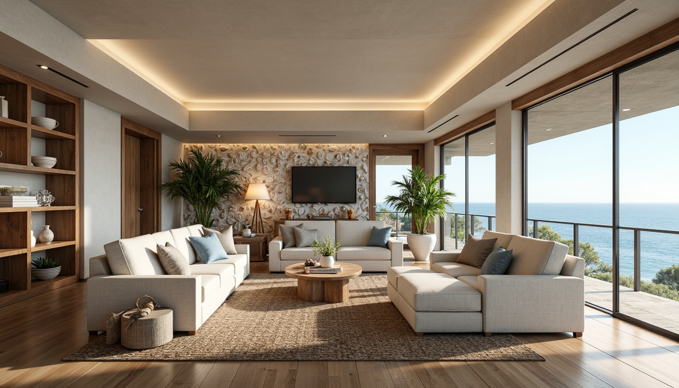 Prompt: Coastal living room, ocean-inspired color palette, driftwood accents, natural textiles, woven sea grass furniture, coral-patterned rugs, shell-adorned decorative walls, floor-to-ceiling windows, sliding glass doors, panoramic ocean views, soft warm lighting, beachy ambiance, minimalist decor, nautical-themed accessories, distressed wood flooring, plush sectional sofas, built-in shelving units, tropical plants, calming atmosphere, 1/1 composition, realistic reflections, ambient occlusion.